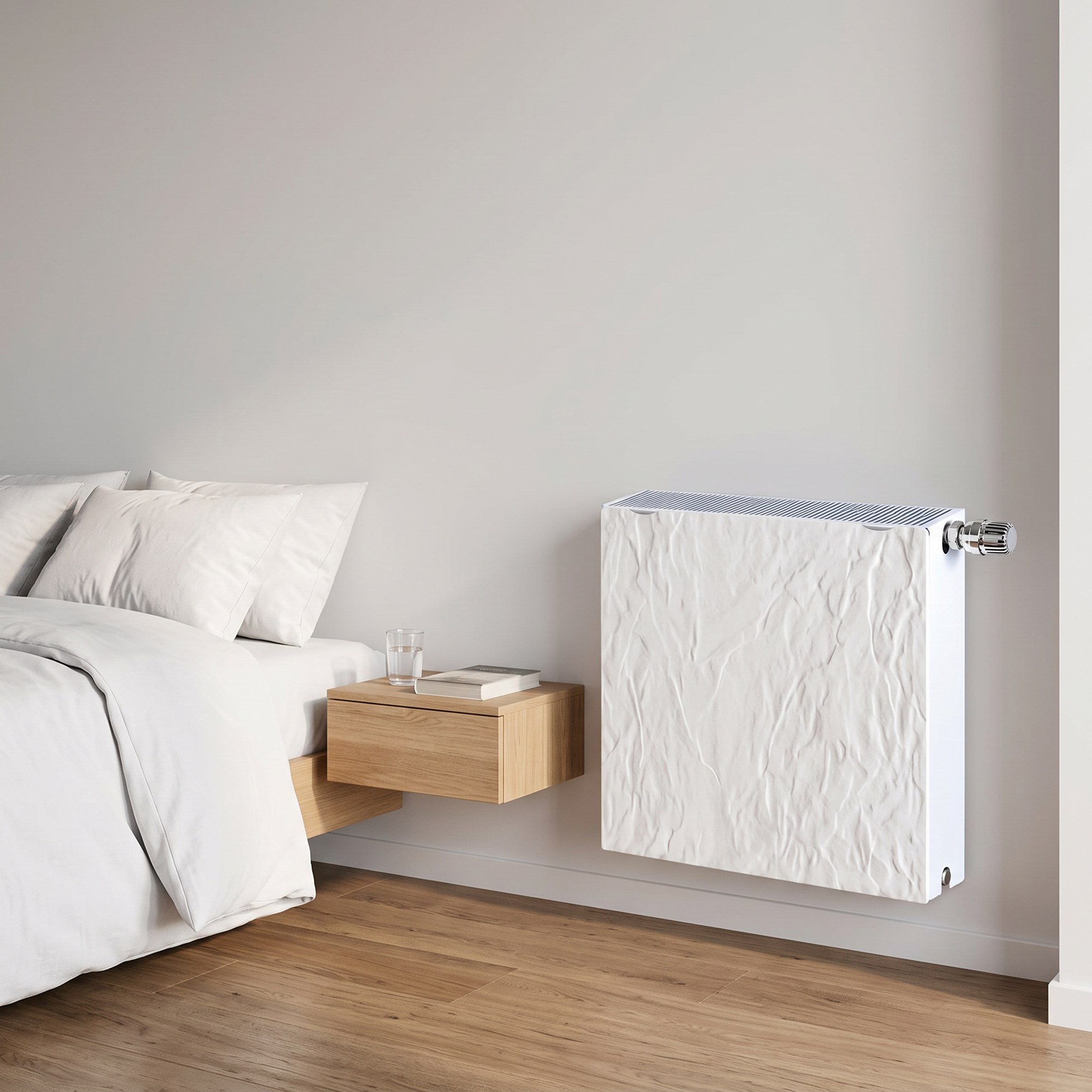 Radiador agua Silicium DK11 H2O 500 w 50x50x8 cm tecnología Dual kherr 3 Radiador de agua Silicium H2O cuadrado de 50x50 cm con acabado Pizarra Nieve, instalado en la pared de una vivienda