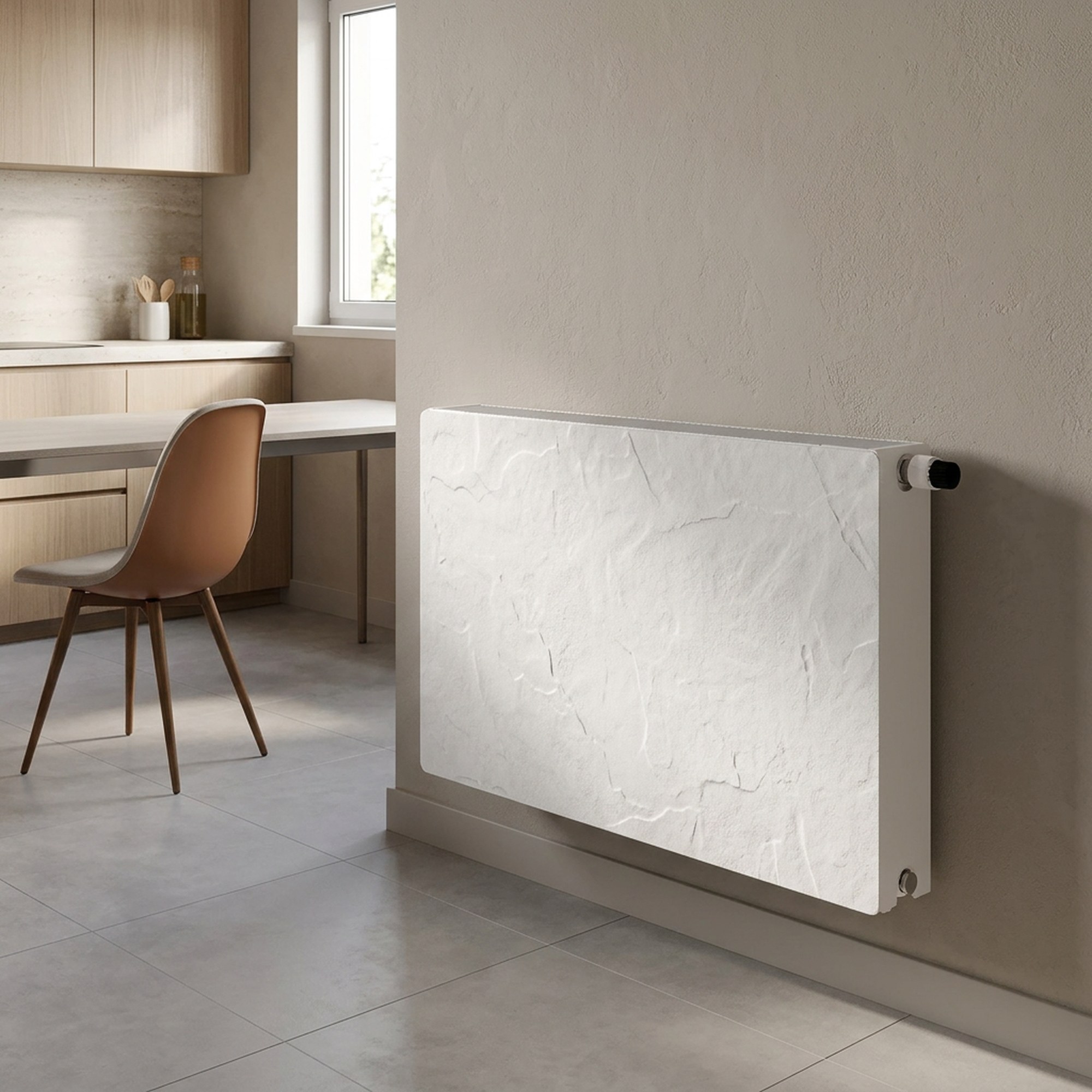 Radiador agua Silicium horizontal DK22 H2O 1800 w 100x50x12,5 cm tecnología Dual Kherr 9 Radiador de agua Silicium H2O horizontal de 100x50 cm con acabado de piedra caliza ulanca, instalado en una estancia