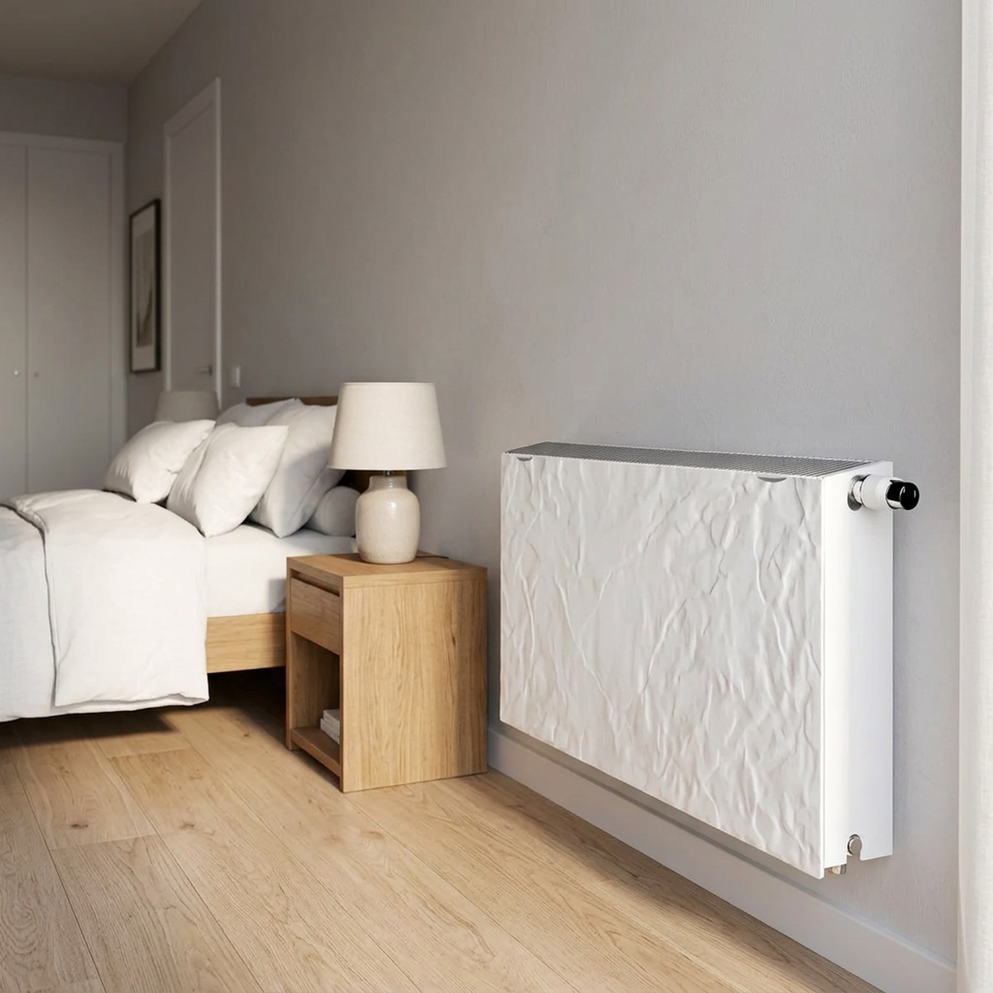 Radiador agua Silicium horizontal DK22 H2O 1800 w 100x50x12,5 cm tecnología Dual Kherr 3 Radiador de agua Silicium H2O horizontal de 100x50 cm con acabado de piedra pizarra nieve, instalado en una estancia