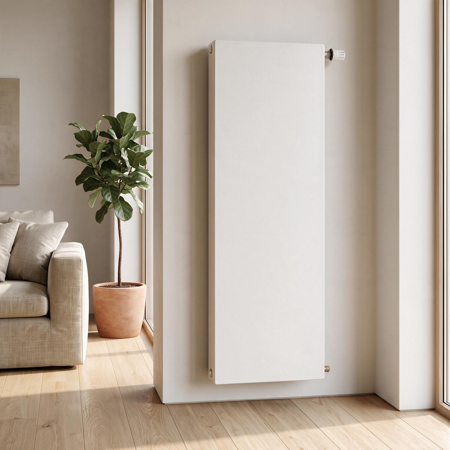 Radiador agua Silicium vertical DK21 H2O 1200 w 50x100x9 cm tecnología Dual Kherr 1 Radiador agua Silicium H2O vertical 50x100 cm con acabado Blanco Quartz montado en la pared de un salon