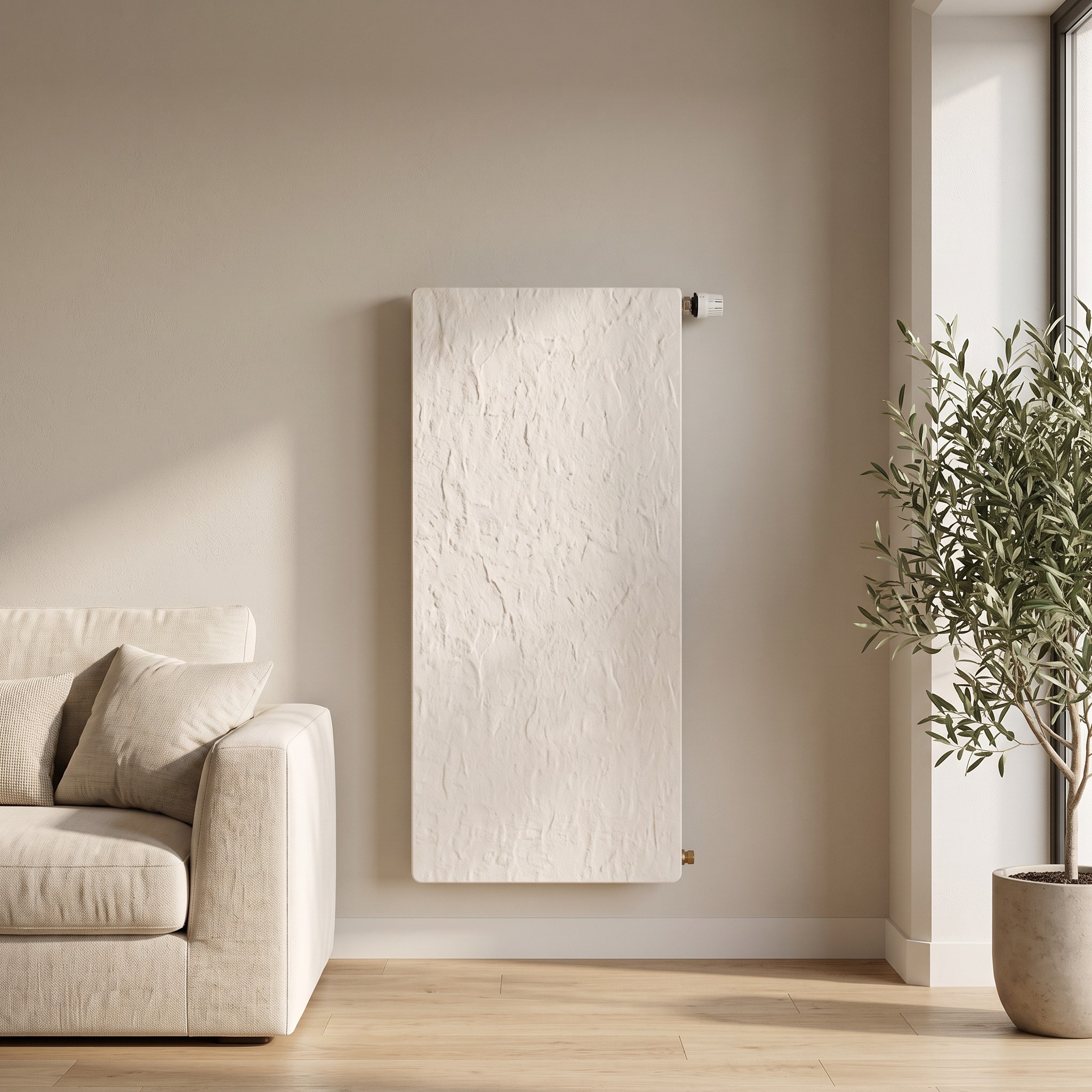 Radiador agua Silicium vertical DK21 H2O 1200 w 50x100x9 cm tecnología Dual Kherr 9 Radiador de agua Silicium H2O vertical en Caliza Blanca instalado en un salon