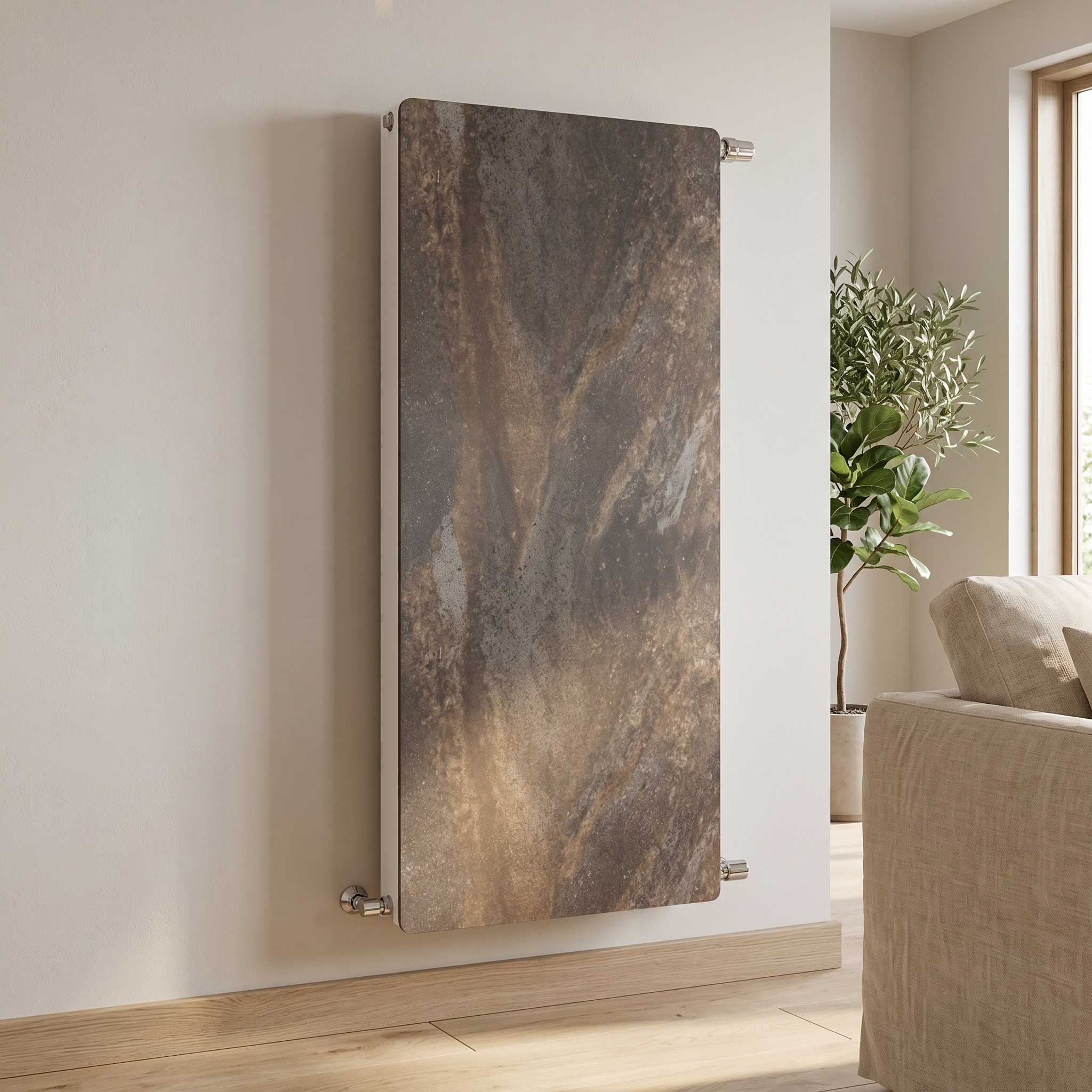 Radiador agua Silicium vertical DK21 H2O 1200 w 50x100x9 cm tecnología Dual Kherr 7 Radiador de agua Silicium H2O vertical en Caliza Tierra instalado en un salon