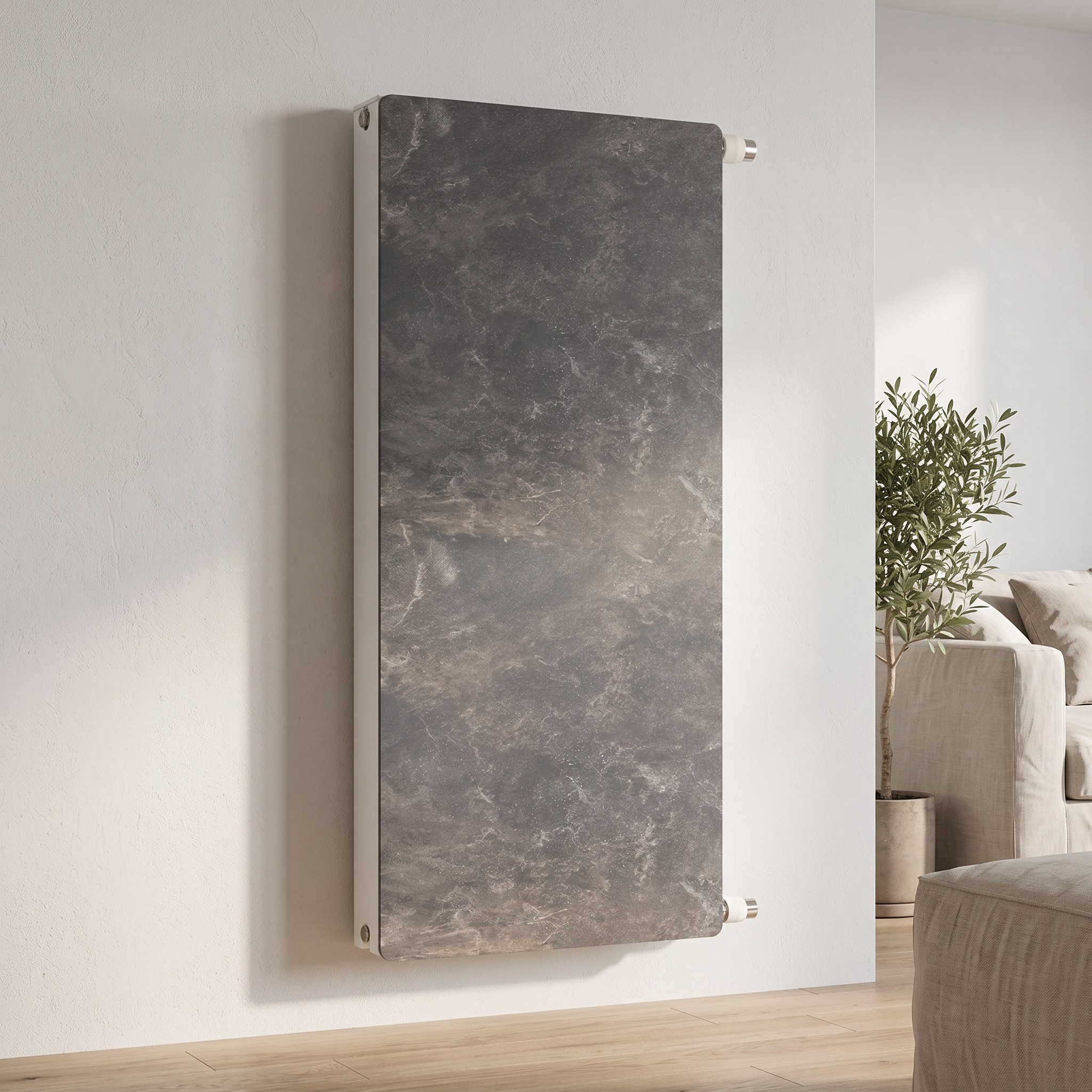 Radiador agua Silicium vertical DK21 H2O 1200 w 50x100x9 cm tecnología Dual Kherr 5 Radiador de agua Silicium H2O vertical en Dark Natura instalado en un salon