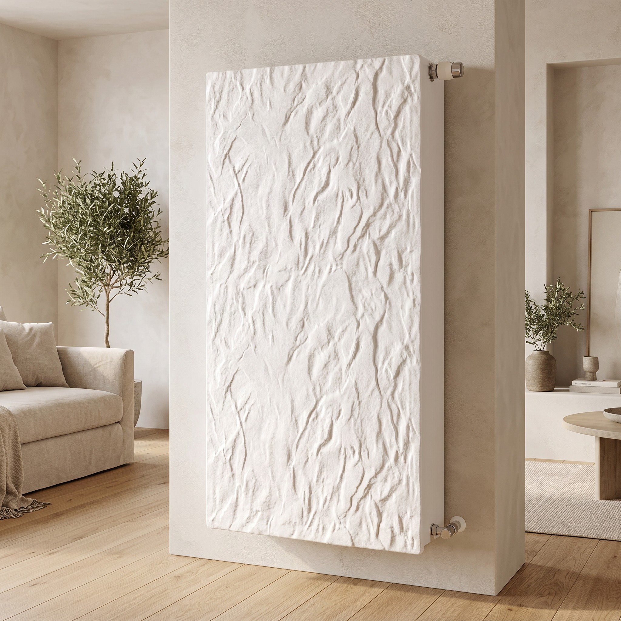 Radiador agua Silicium vertical DK21 H2O 1200 w 50x100x9 cm tecnología Dual Kherr 3 Radiador de agua Silicium H2O vertical en Pizarra Nieve instalado en un salon