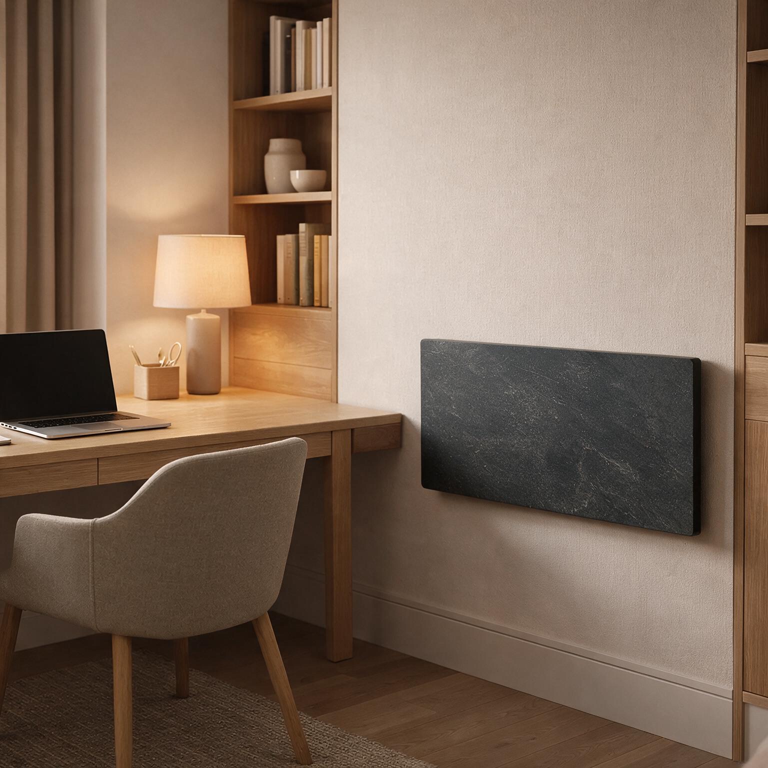 Radiador eléctrico Avant wifi horizontal 100x50x7.7 cm tecnología Dual kherr 3 Radiador electrico Silicium horizontal 100x50 cm con acabado Dark Natura instalado en un despacho