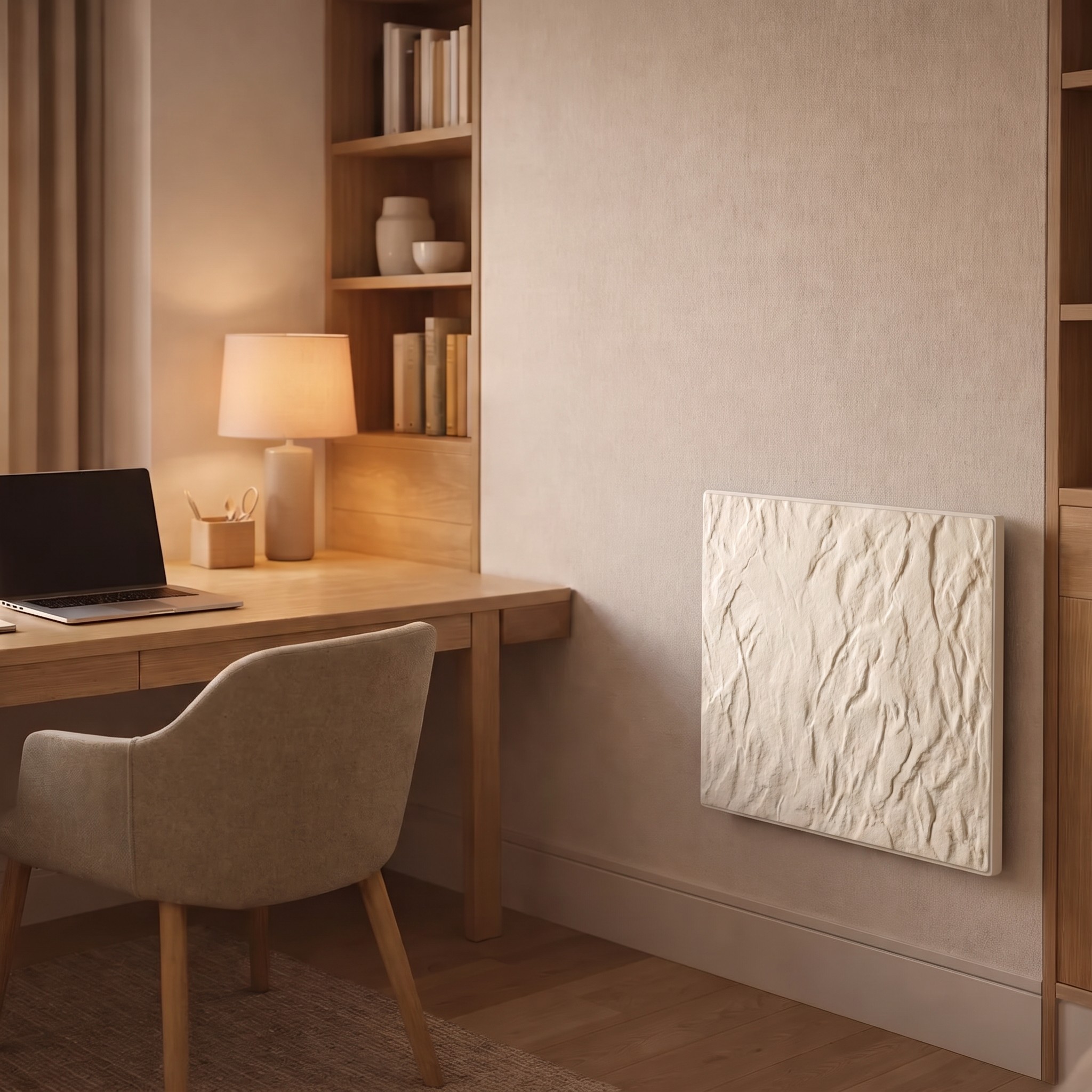Radiador eléctrico Smart Pro 50x50 cm tecnología Dual kherr 2 Radiador electrico Silicium con acabado Pizarra Nieve instalado en un despacho