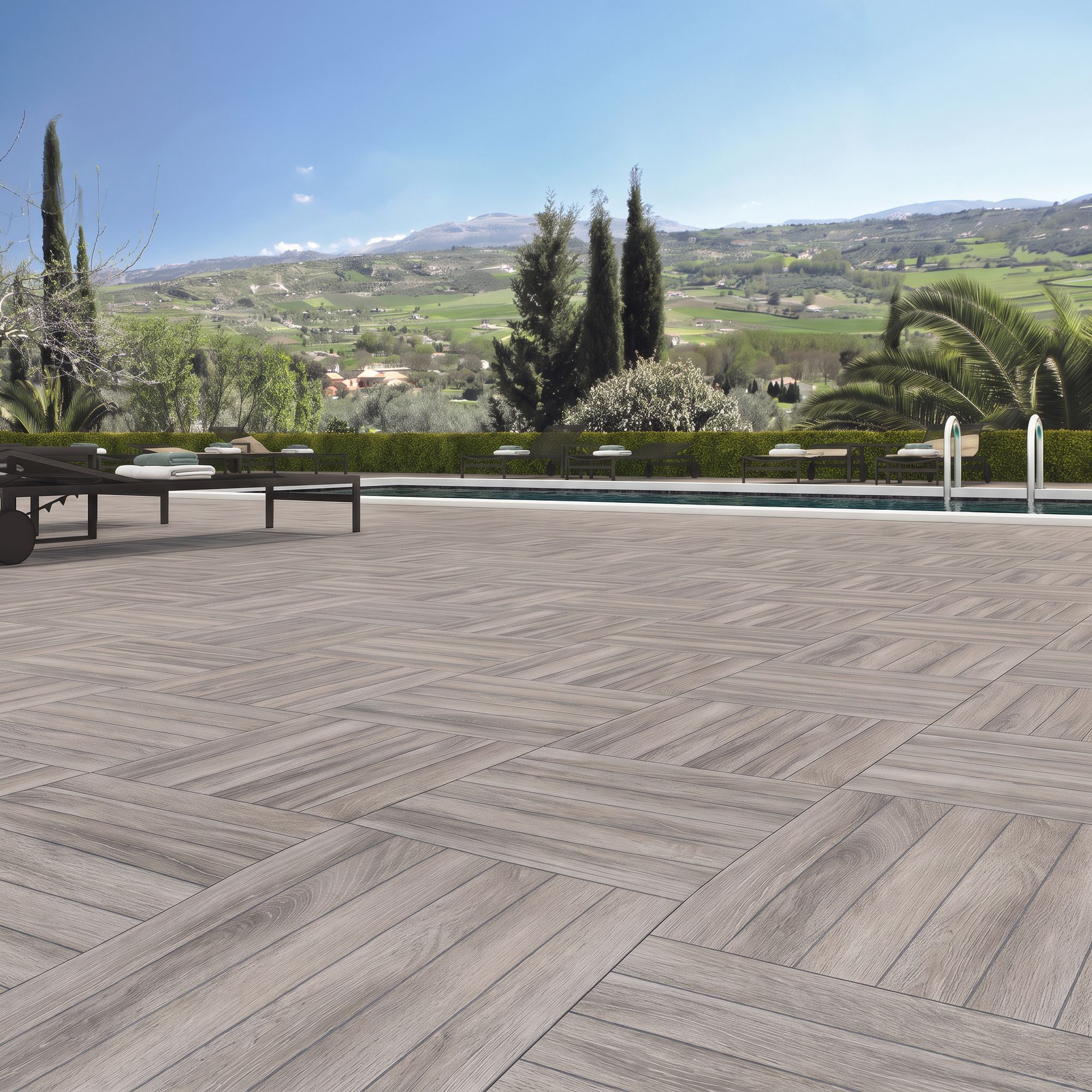 Suelo imitación madera antideslizante Irazu Gris 45x45 cm (1.22 m2/cj) 3 Borde de piscina con suelo porcelánico antideslizante C3 Irazu Gris 45x45 cm imitación madera
