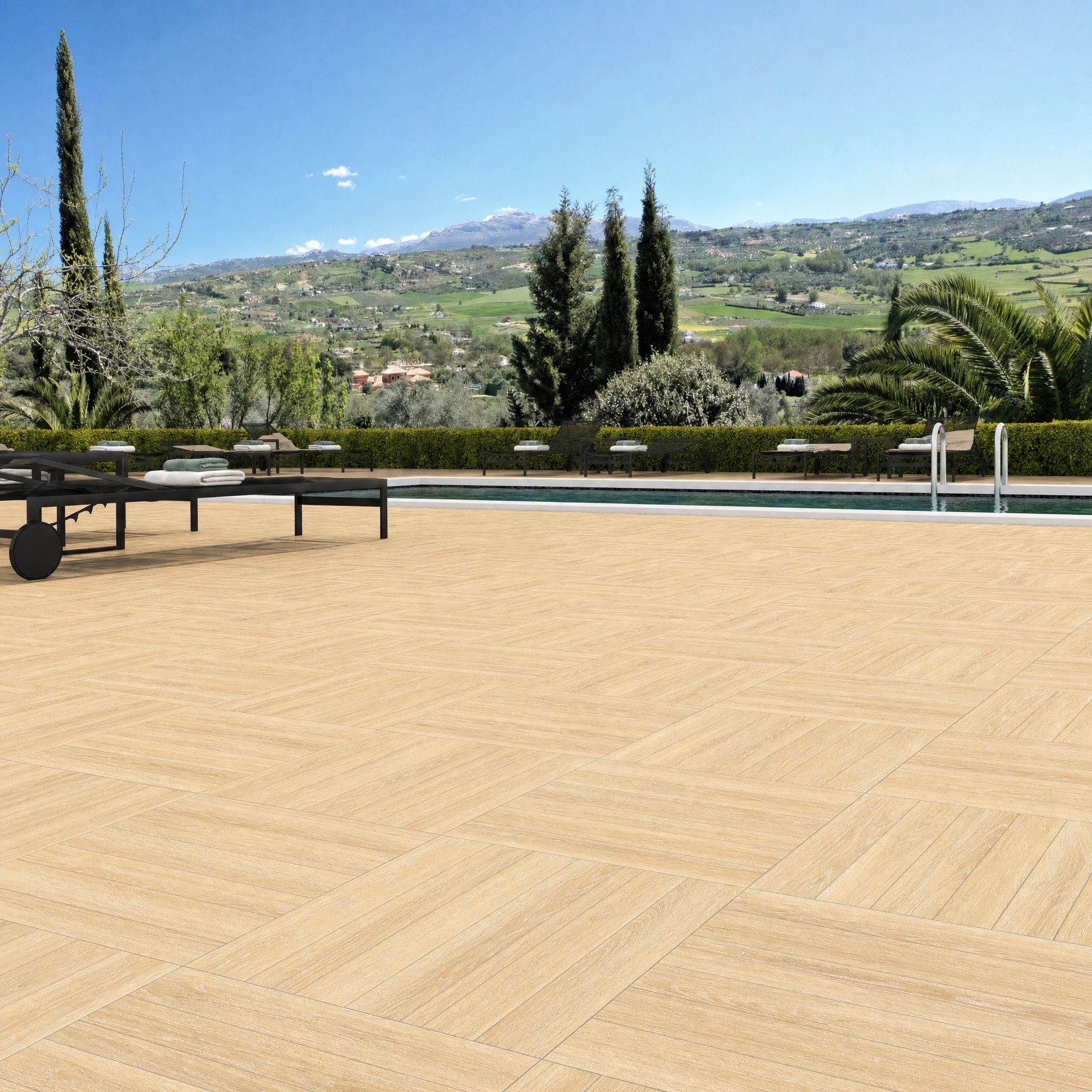 Suelo imitación madera miel antideslizante Irazu 45x45 cm (1.22 m2/cj) 3 Borde de piscina con suelo imitación madera miel Irazu 45x45 cm porcelánico antideslizante C3