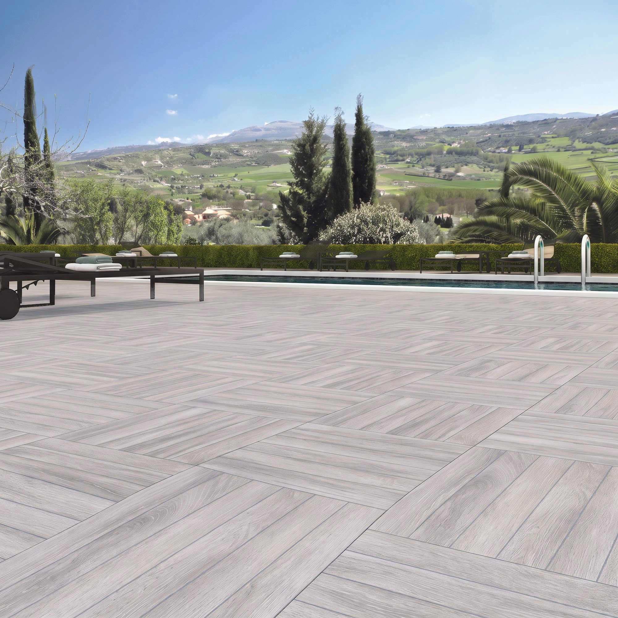 Suelo imitación madera perla antideslizante Irazu 45x45 cm (1.22 m2/cj) 3 Borde de piscina con suelo imitación madera perla Irazu 45x45 cm porcelánico antideslizante C3