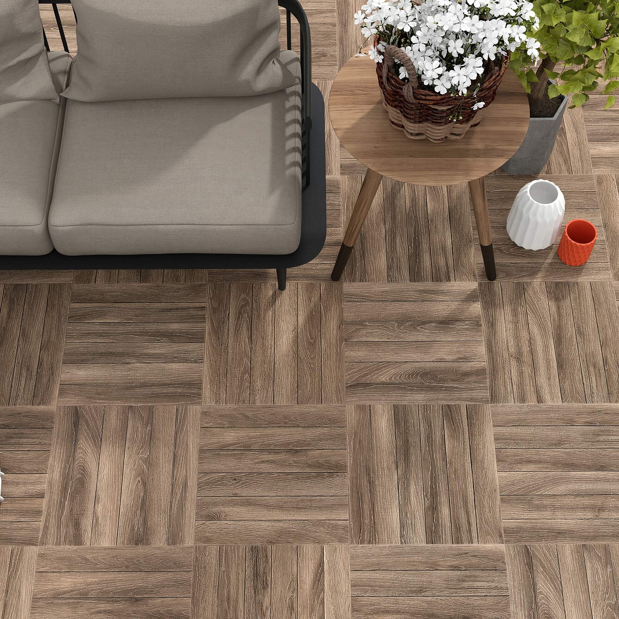 Suelo imitación madera roble antideslizante Irazu 45x45 cm (1.22 m2/cj) 1 Terraza con suelo imitación madera roble Irazu 45x45 cm antideslizante C3 colocado en damero