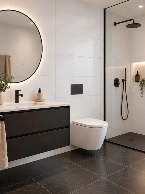 Baño moderno revestido con azulejos blancos rectangulares brillantes