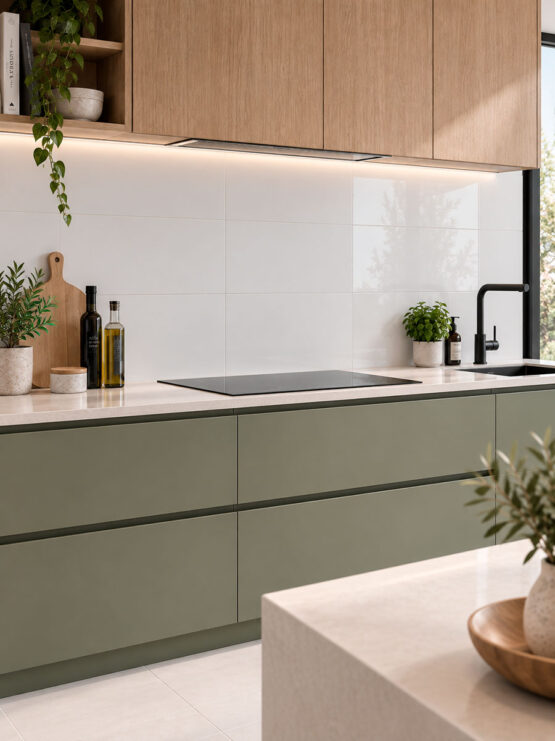 Cocina moderna con azulejos blancos brillantes y muebles verdes