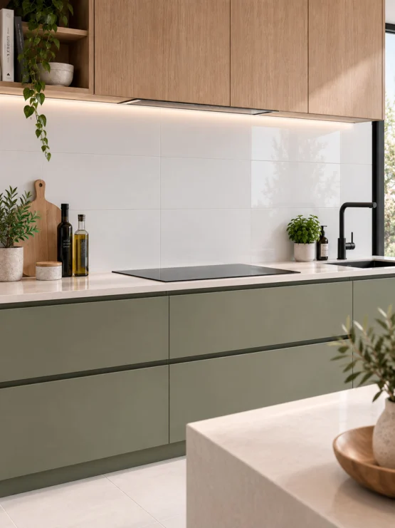 Cocina moderna con azulejos blancos brillantes y muebles verdes
