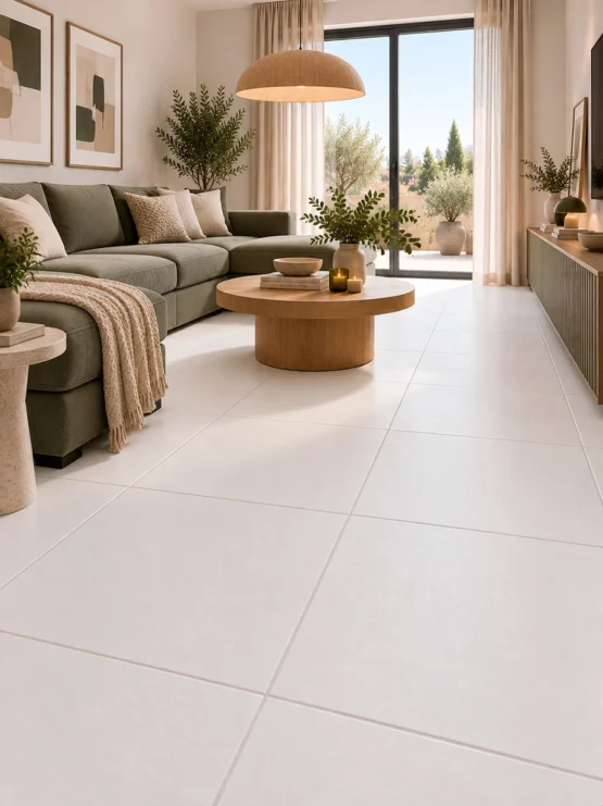 Salón contemporáneo con sofá verde, mesa de madera y suelo porcelánico blanco de gran formato
