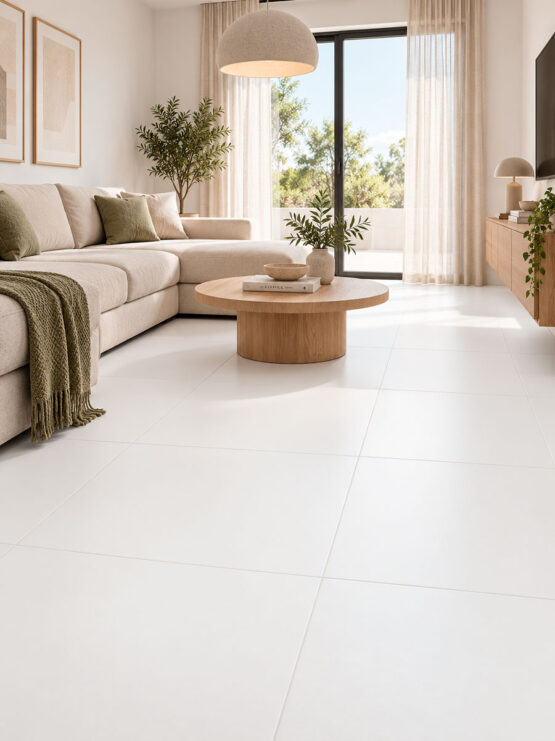 Suelo porcelánico blanco de gran formato en salón moderno y luminoso