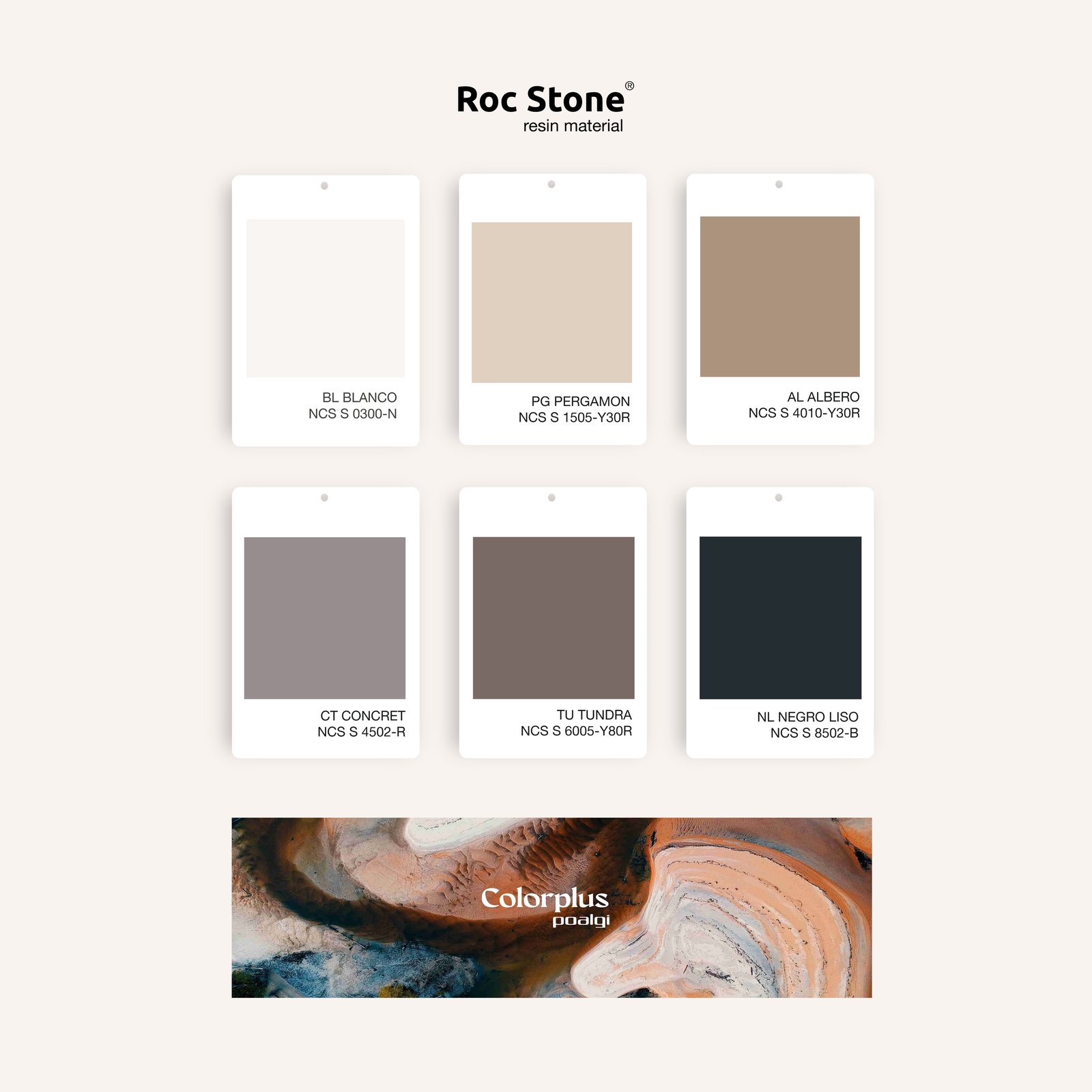 Carta de colores de la resina RocStone de Poalgi: Blanco, Pergamón, Albero, Concret, Negro y Tundra