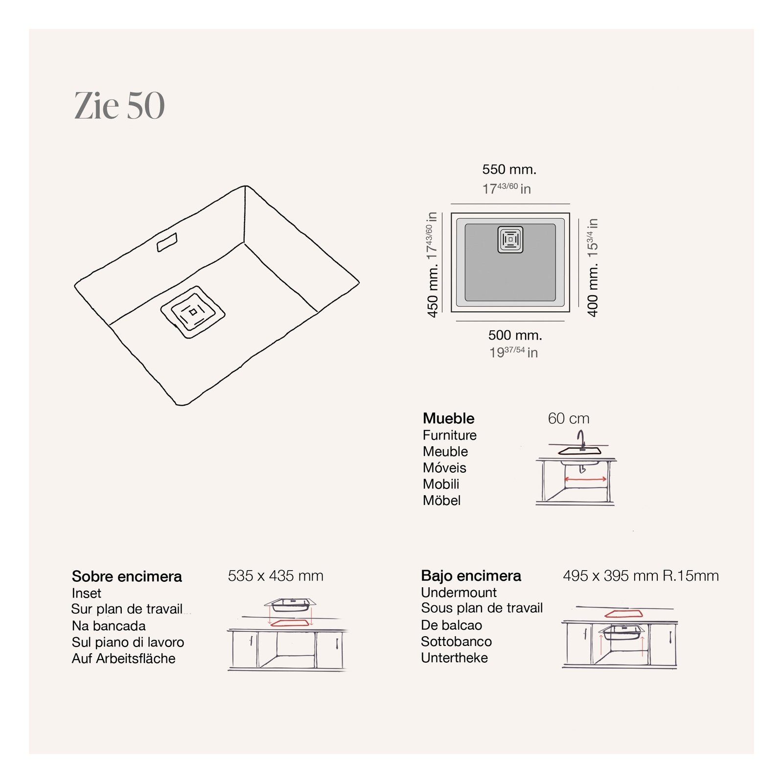 Fregadero de fibra Zie 50 brillo bajo encimera Poalgi 550x450x200mm 1C 5 Plano con las medidas exteriores y de encastre del fregadero Zie 50