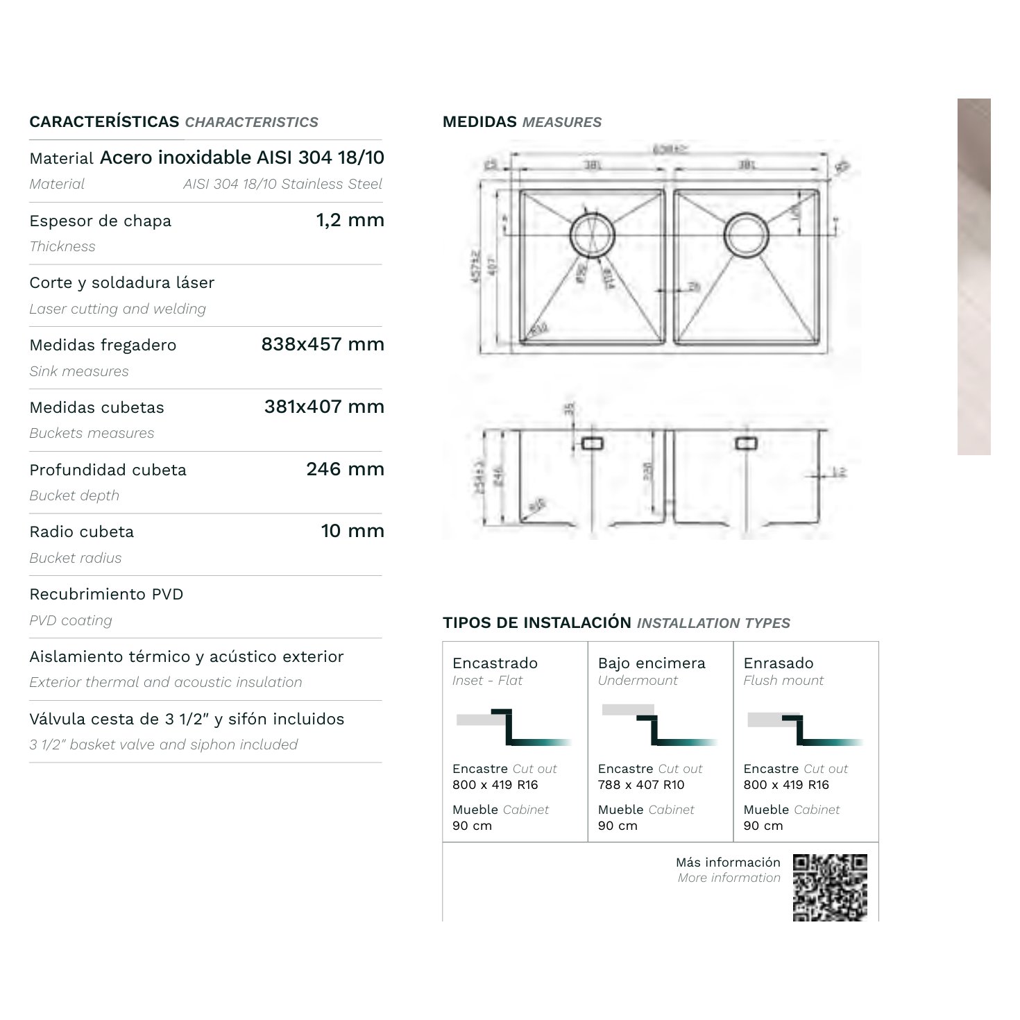 Fregadero de Acero Opalo Rosé Maté SOBRE ENCIMERA | ENRASADO | BAJO ENCIMERA 838x457x246mm 2C 11 Plano con las medidas exteriores y de encastre del fregadero Ópalo