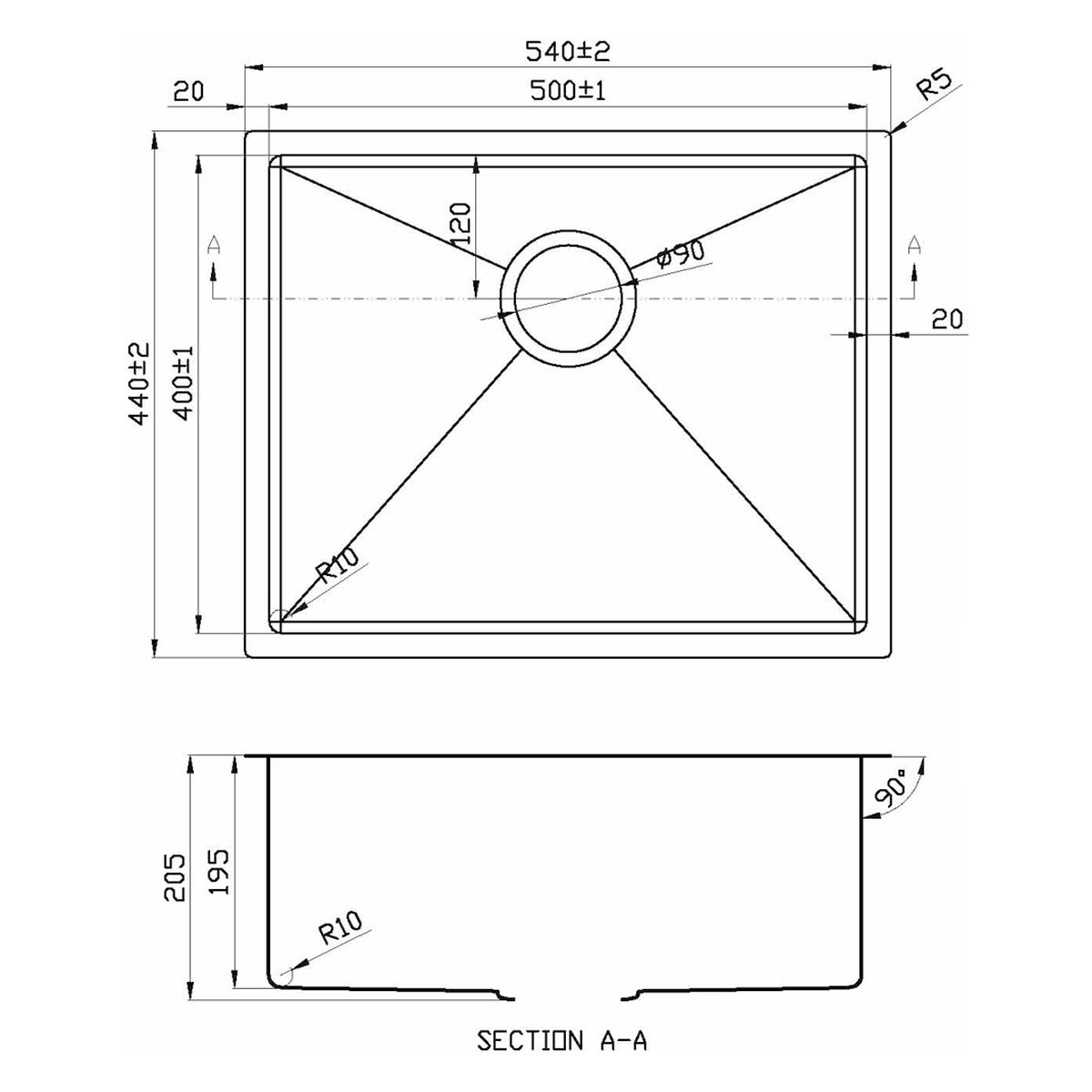 Fregadero de Acero Antracita Ágata SOBRE ENCIMERA | ENRASADO | BAJO ENCIMERA 540x440x205mm 1C 12 Plano con las medidas exteriores y de encastre del fregadero Ágata