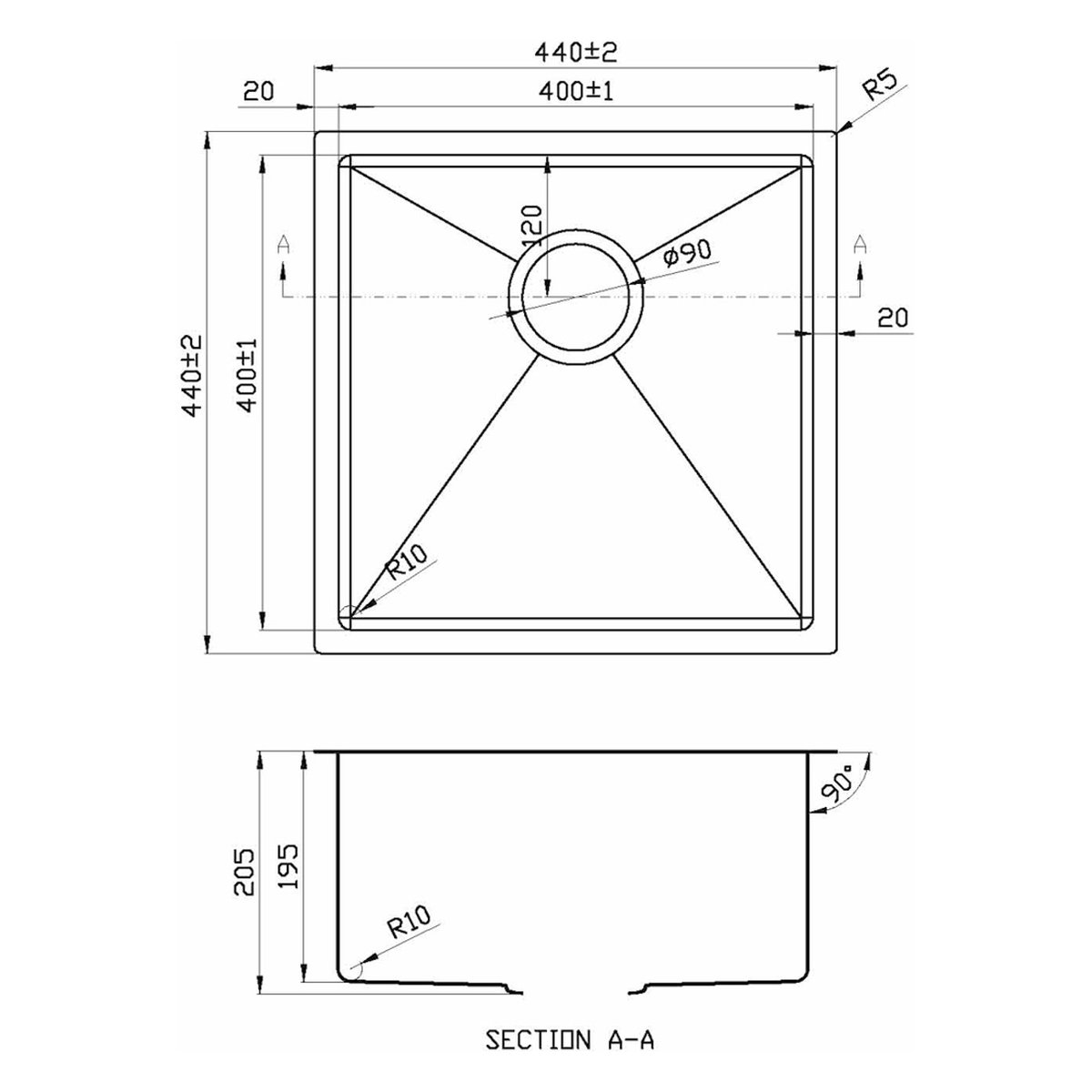 Fregadero de Acero Rosé Mate Pirita SOBRE ENCIMERA | ENRASADO | BAJO ENCIMERA 440x440x205mm 1C 10 Plano con las medidas exteriores y de encastre del fregadero Pirita