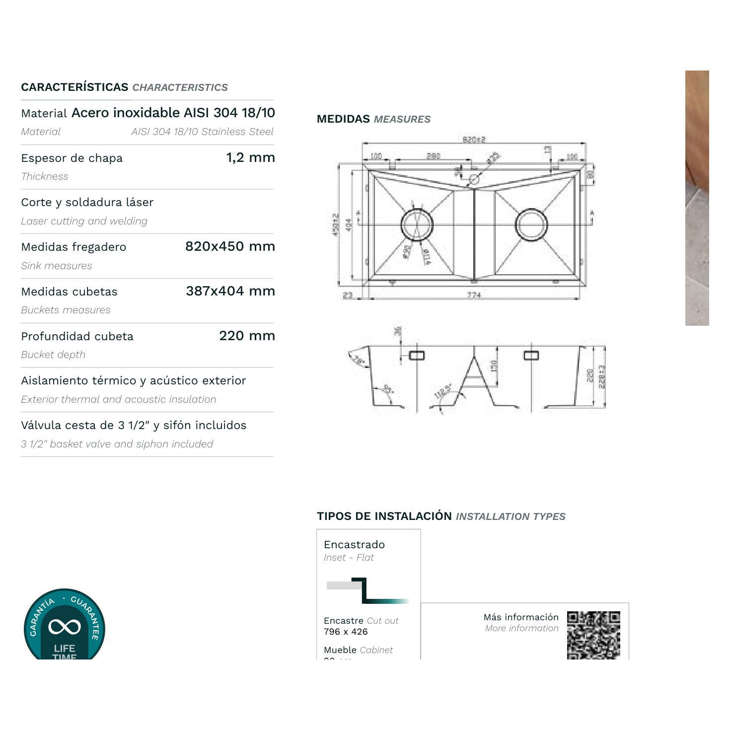 Fregadero de Acero Inoxidable Diamante 820x450 mm encastrado 2C 8 Plano con las medidas exteriores y de encastre del fregadero Diamante