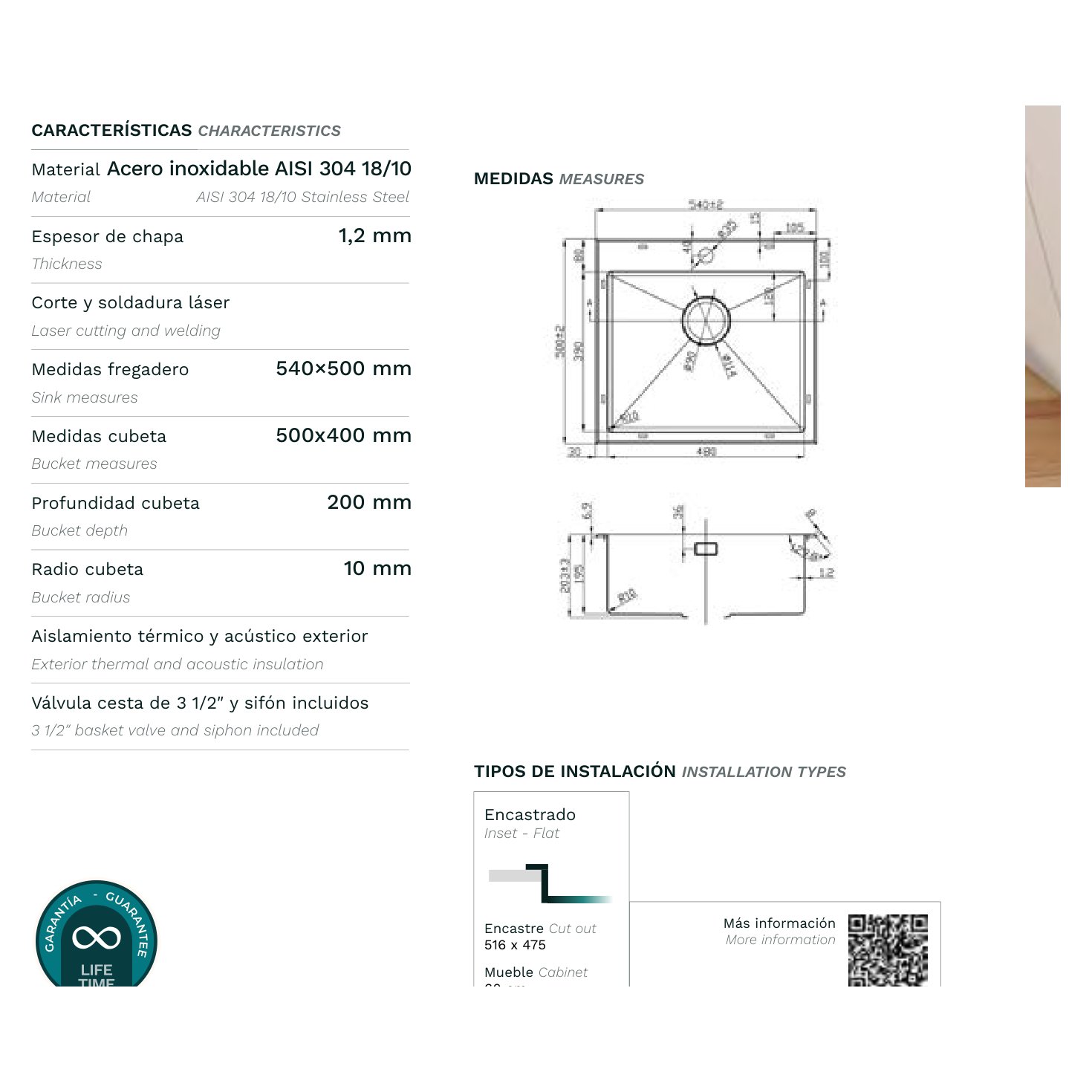 Fregadero de Acero Inoxidable Cuarzo 540x500 mm 1C 11 Plano con las medidas exteriores y de encastre del fregadero Cuarzo