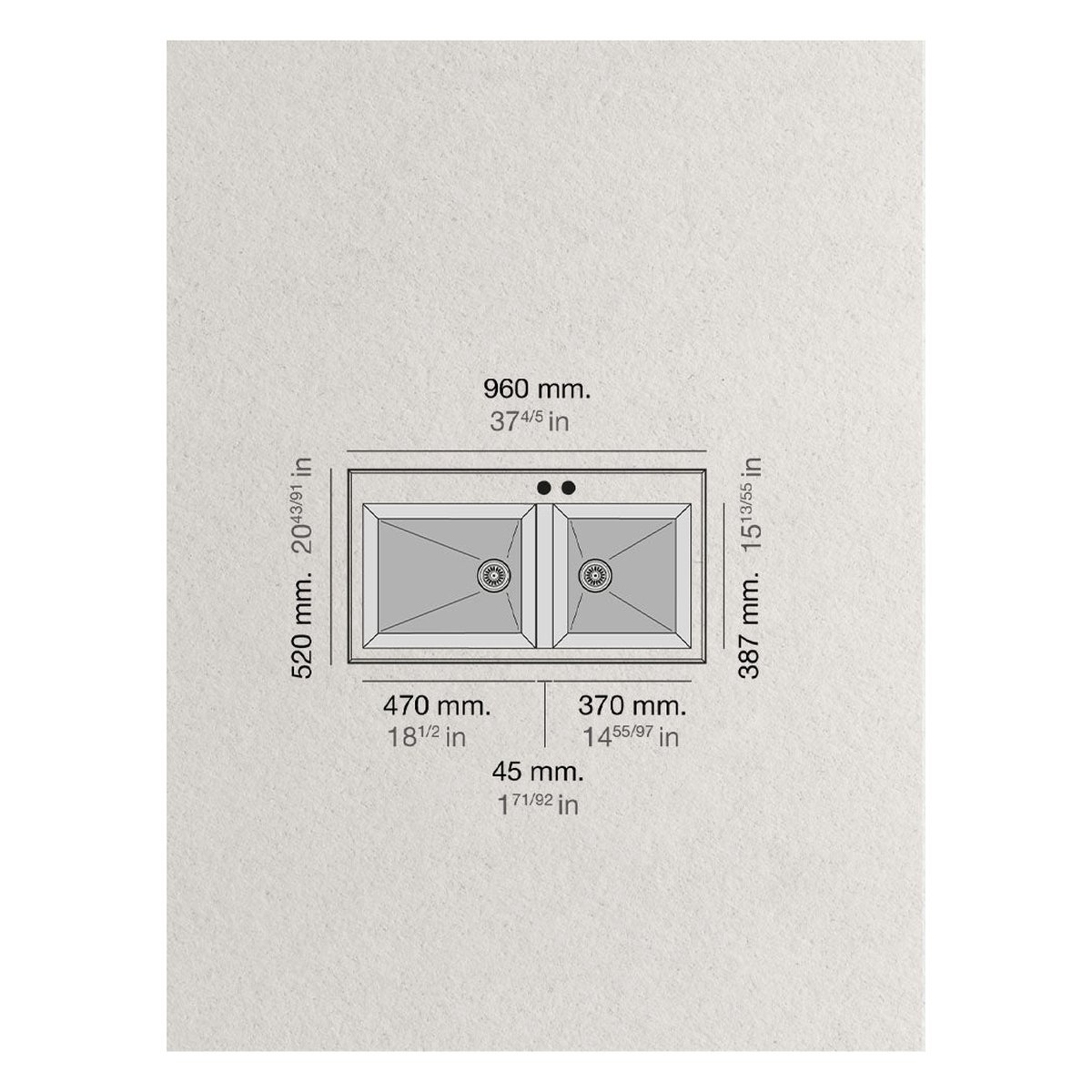 Fregadero de fibra Shira 505 brillo bajo o sobre encimera Poalgi 960x515x220mm 2C 4 Plano con las medidas exteriores y de encastre del fregadero Shira 505