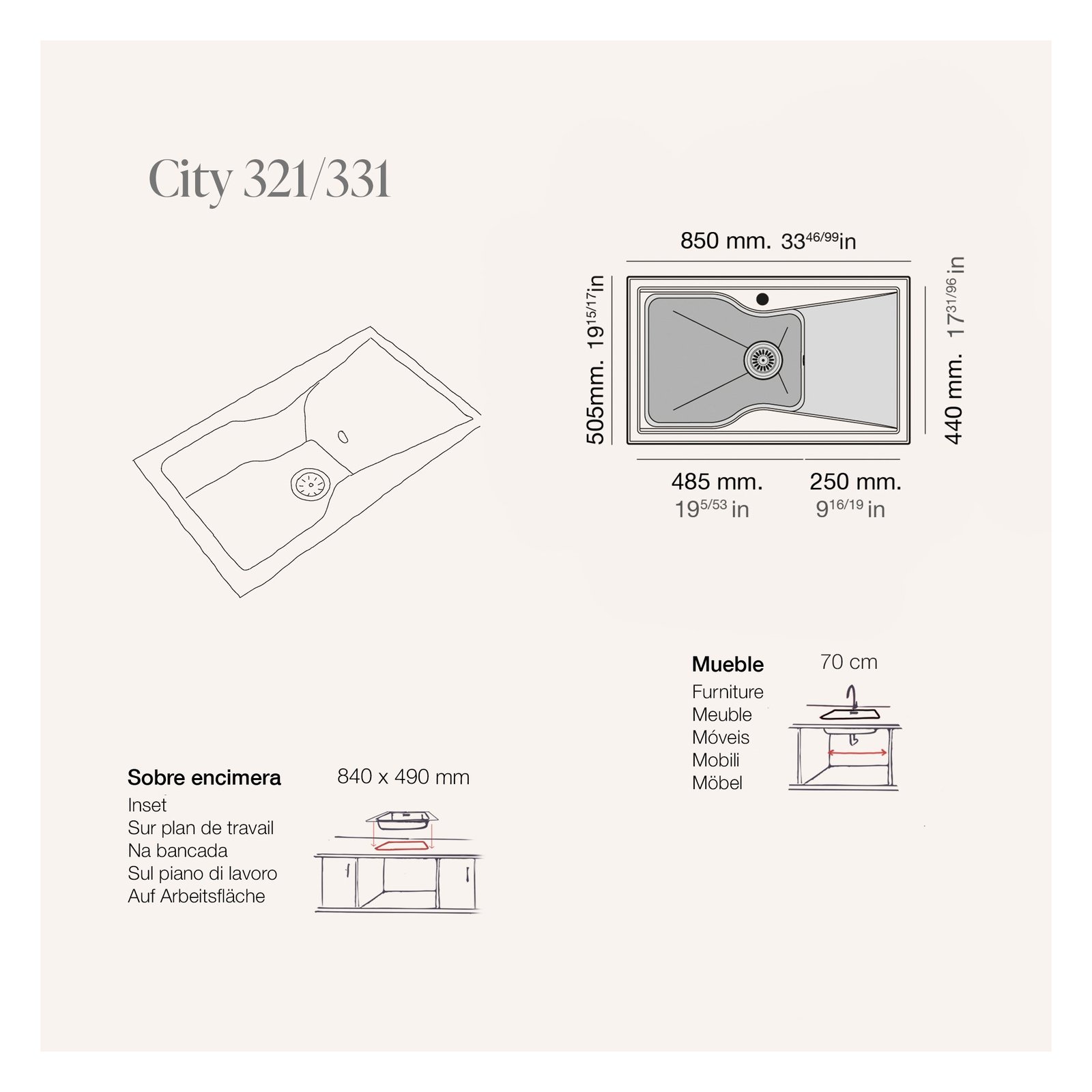 Fregadero de fibra City 321 brillo sobre encimera Poalgi 850x505x220mm 1C+1E 11 Plano con las medidas exteriores y de encastre del fregadero City 321