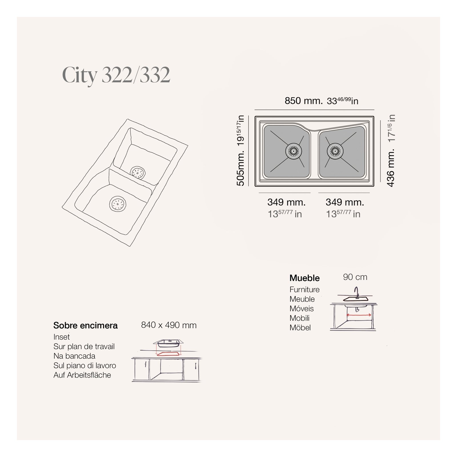Fregadero de fibra City 332 mate soft sobre encimera Poalgi 850x505x220mm 2C 3 Plano con las medidas exteriores y de encastre del fregadero City 332