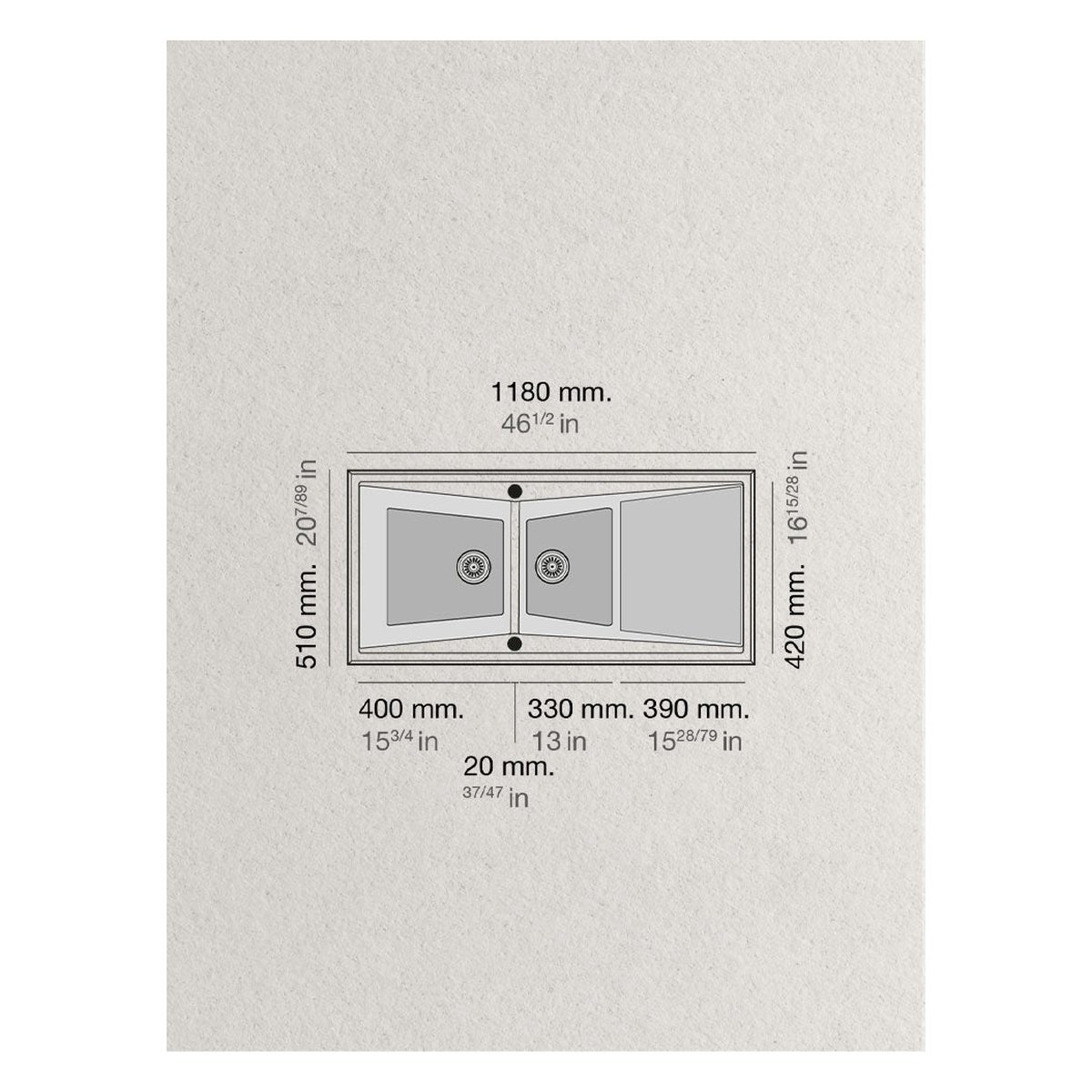 Fregadero de fibra Kuma 306 brillo sobre encimera Poalgi 1180x510x220mm 2C+1E 2 Plano con las medidas exteriores y de encastre del fregadero Kuma 306