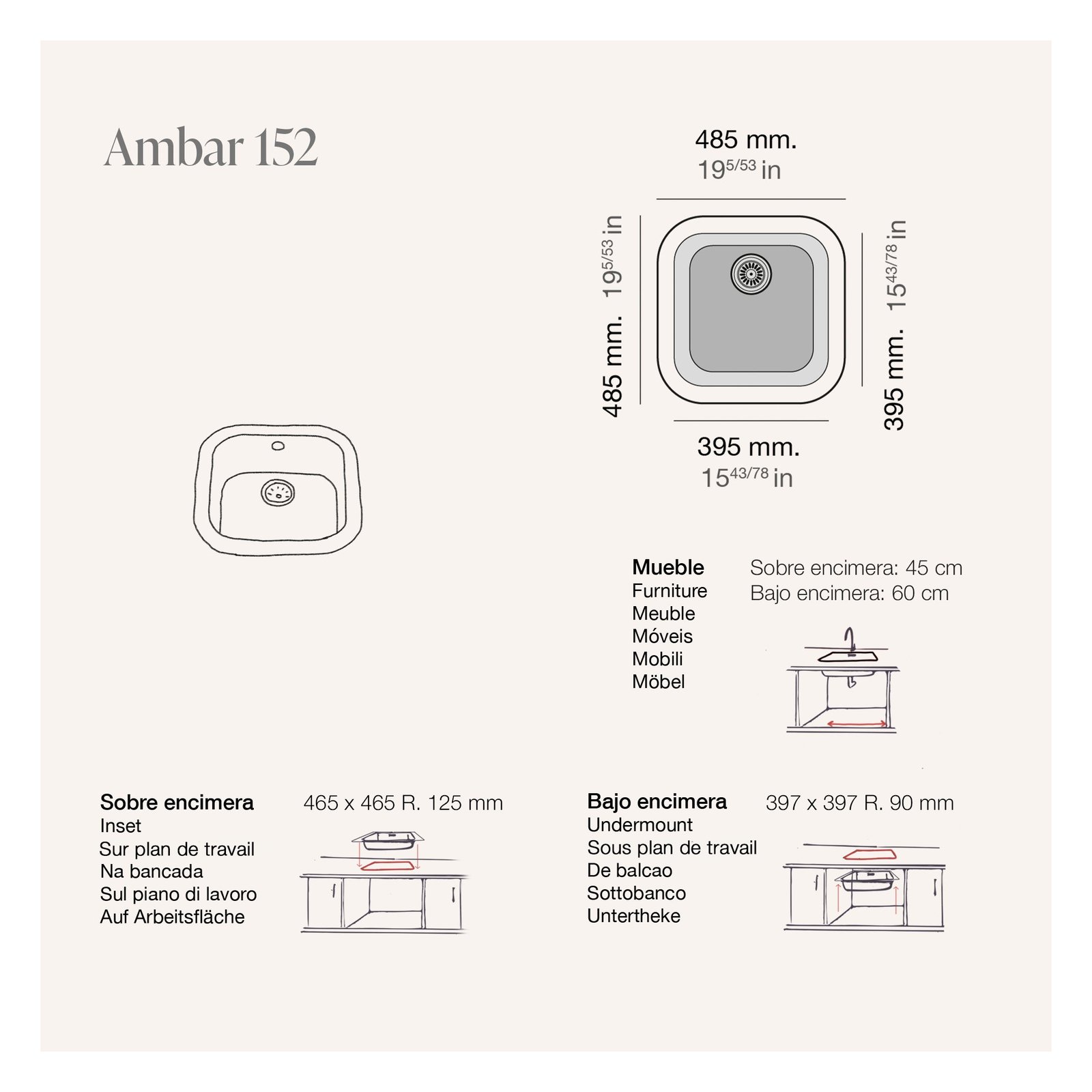 Fregadero sintético Basic Ambar 152 brillo bajo o sobre encimera Poalgi 485x485x170mm 1C 4 Plano con las medidas exteriores y de encastre del fregadero Ámbar 152