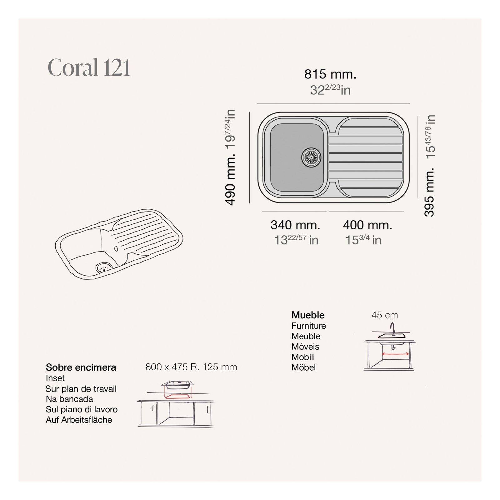 Fregadero sintético Coral 121 brillo sobre encimera Poalgi 815x490x180mm 1C+1E 3 Plano con las medidas exteriores y de encastre del fregadero Coral 121