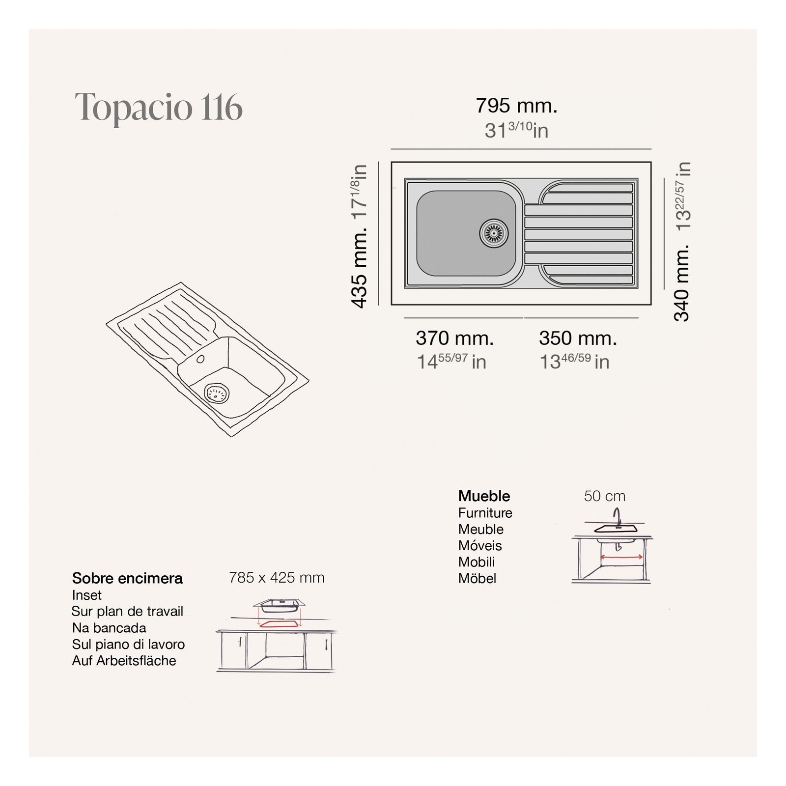 Fregadero sintético Topacio 116 brillo sobre encimera Poalgi 795x435x180mm 1C+1E 3 Plano con las medidas exteriores y de encastre del fregadero Topacio 116