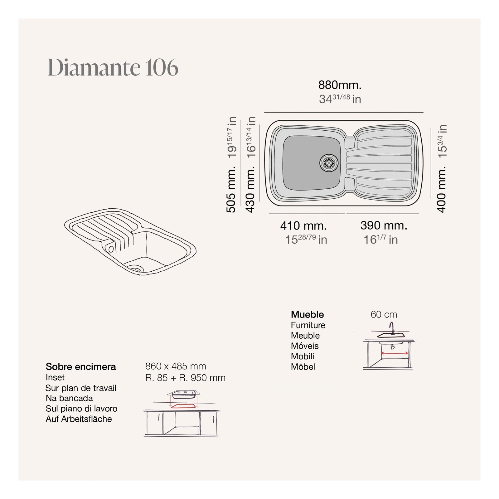 Fregadero sintético Diamante 106 brillo sobre encimera Poalgi 880x505x190mm 1C+1E 5 Plano con las medidas exteriores y de encastre del fregadero Diamante 106