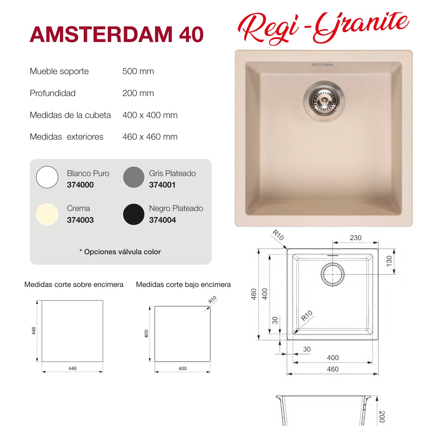 Fregadero Amsterdam 40 1C brillo bajo o sobre encimera 460x460x200mm 7 Plano con las medidas exteriores y de encastre del fregadero Amsterdam 40