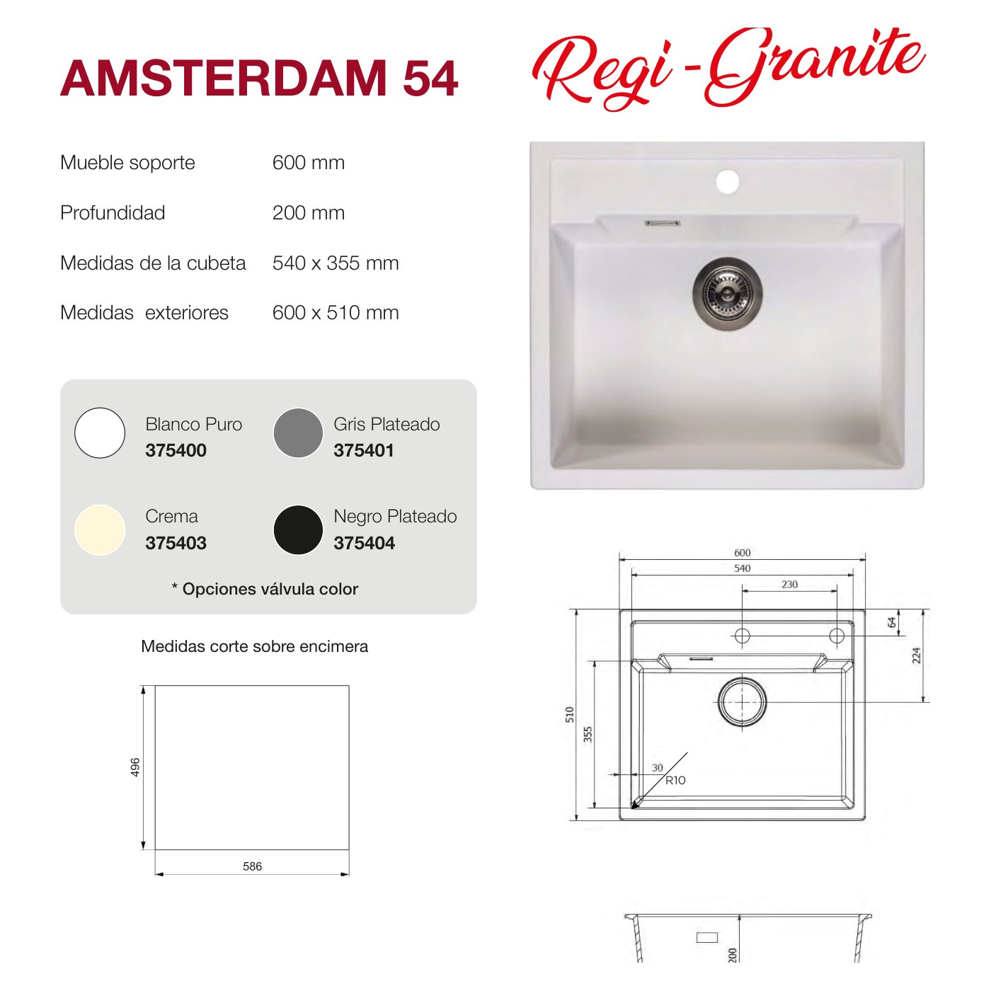 Fregadero Amsterdam 54 mate sobre encimera 600x510x200mm 1C 8 Plano con las medidas exteriores y de encastre del fregadero Amsterdam 54