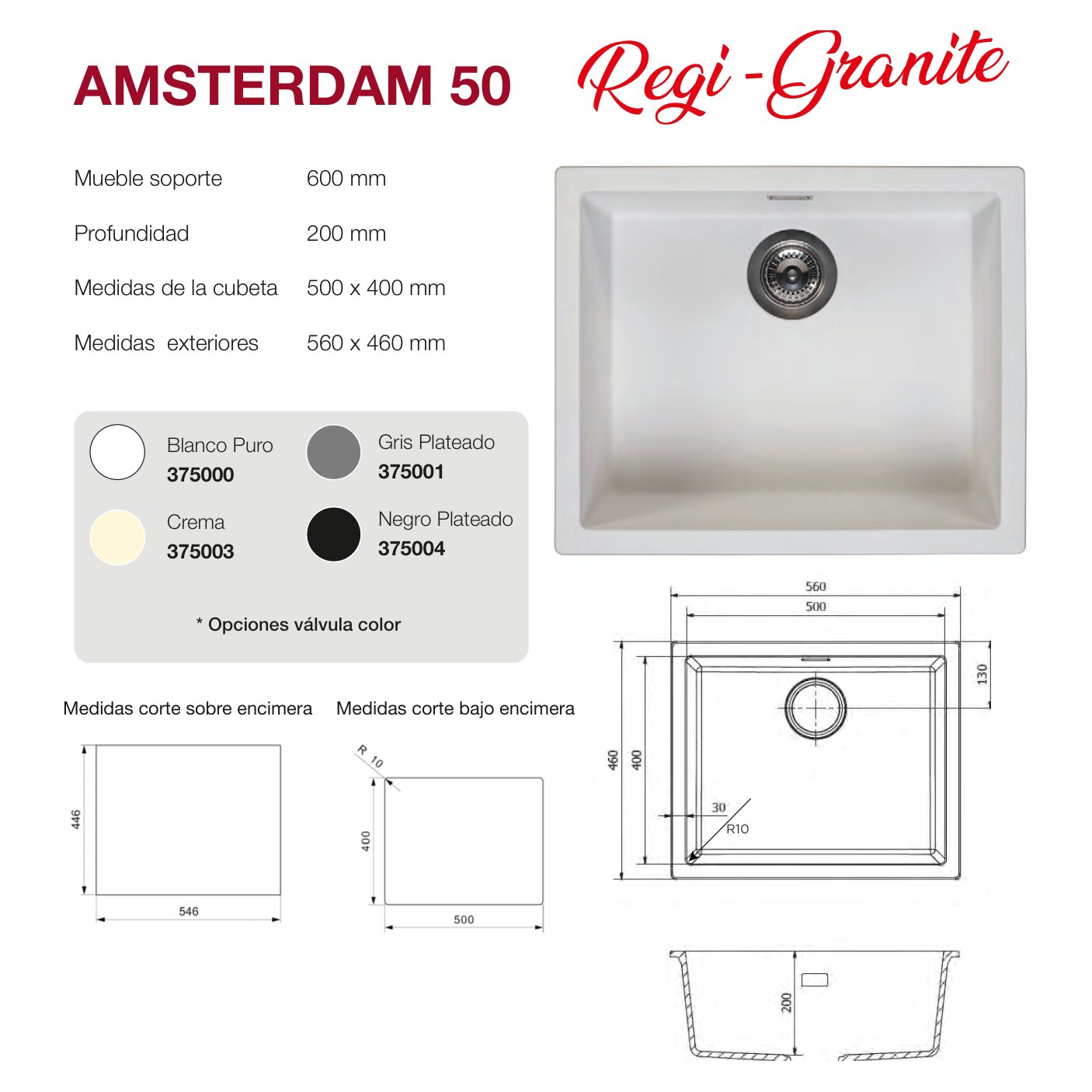 Fregadero Amsterdam 50 1C mate bajo o sobre encimera 560x460x200mm 9 Plano con las medidas exteriores y de encastre del fregadero Amsterdam 50