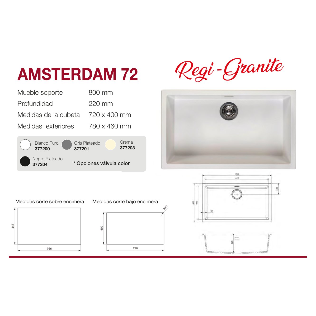 Fregadero Amsterdam 72 1C mate bajo o sobre encimera 780x460x220mm 10 Plano con las medidas exteriores y de encastre del fregadero Amsterdam 72