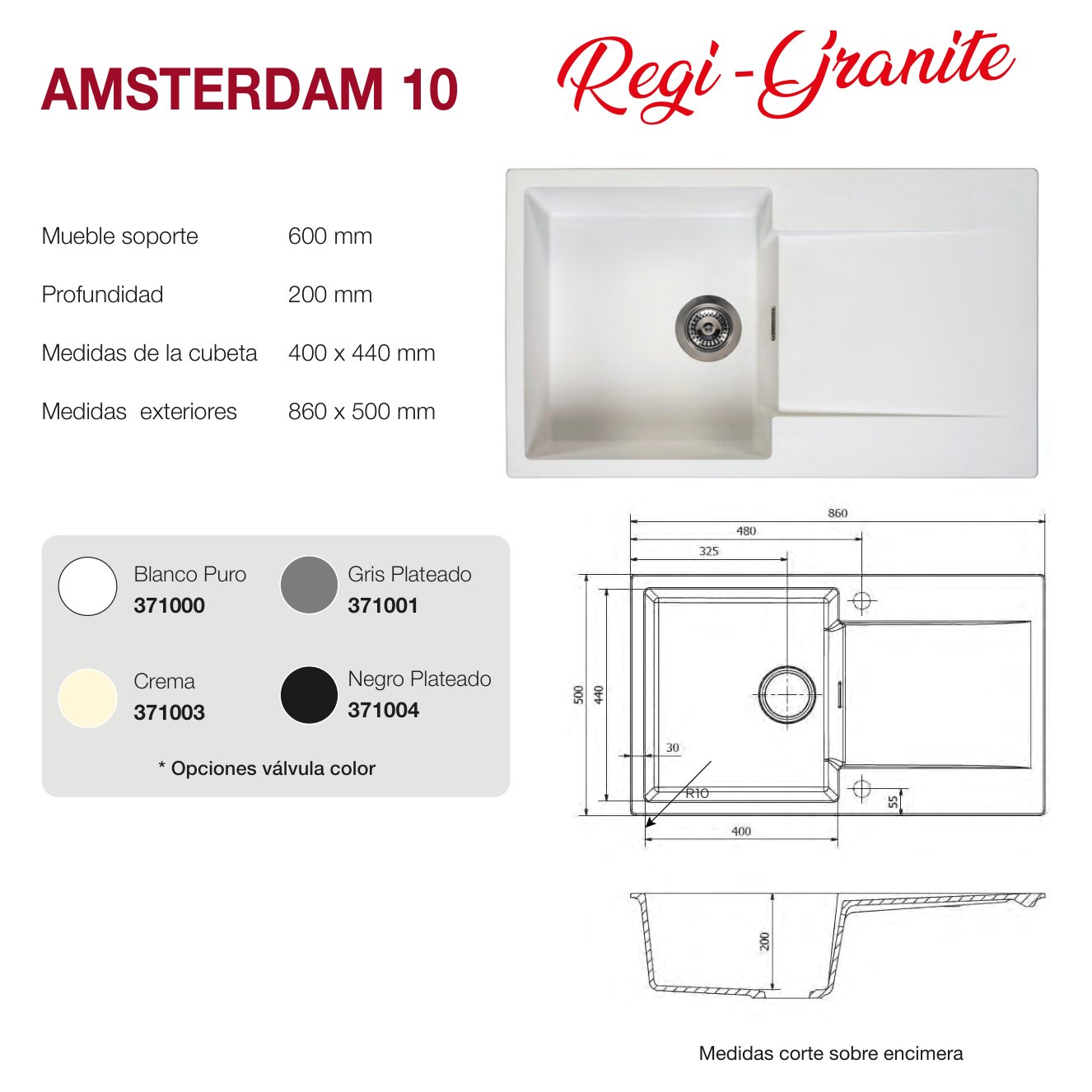 Fregadero Amsterdam 10 1C+1E mate sobre encimera 860x500x200mm 8 Plano con las medidas exteriores y de encastre del fregadero Amsterdam 10