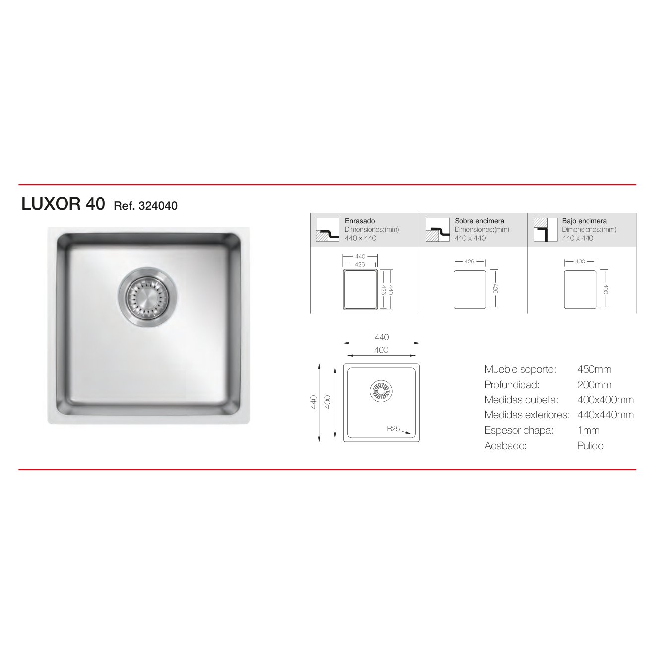 Fregadero de Acero Inoxidable Luxor 40 SOBRE ENCIMERA | ENRASADO | BAJO ENCIMERA Reginox 440x440x200mm 1C 6 Plano con las medidas exteriores y de encastre del fregadero Luxor 40
