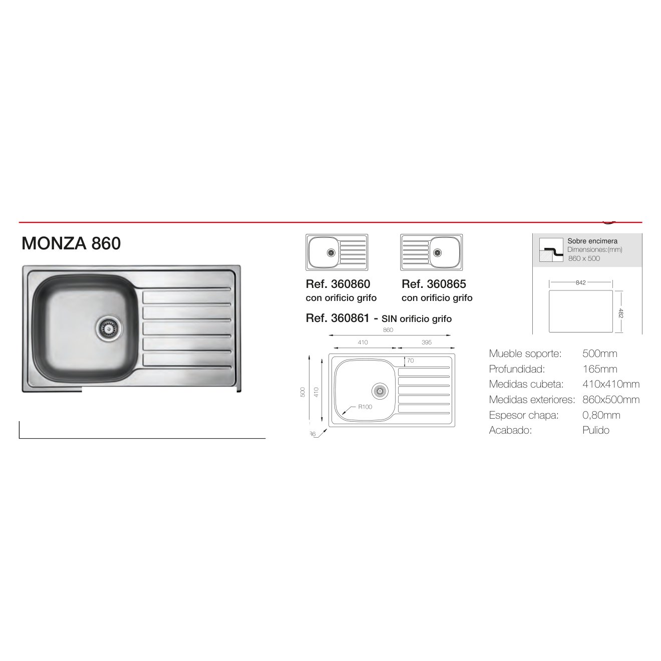 Fregadero de Acero Inoxidable Monza 860 izquierda SOBRE ENCIMERA Reginox 860x500x165mm 1C+1E 5 Plano con las medidas exteriores y de encastre del fregadero Monza 860
