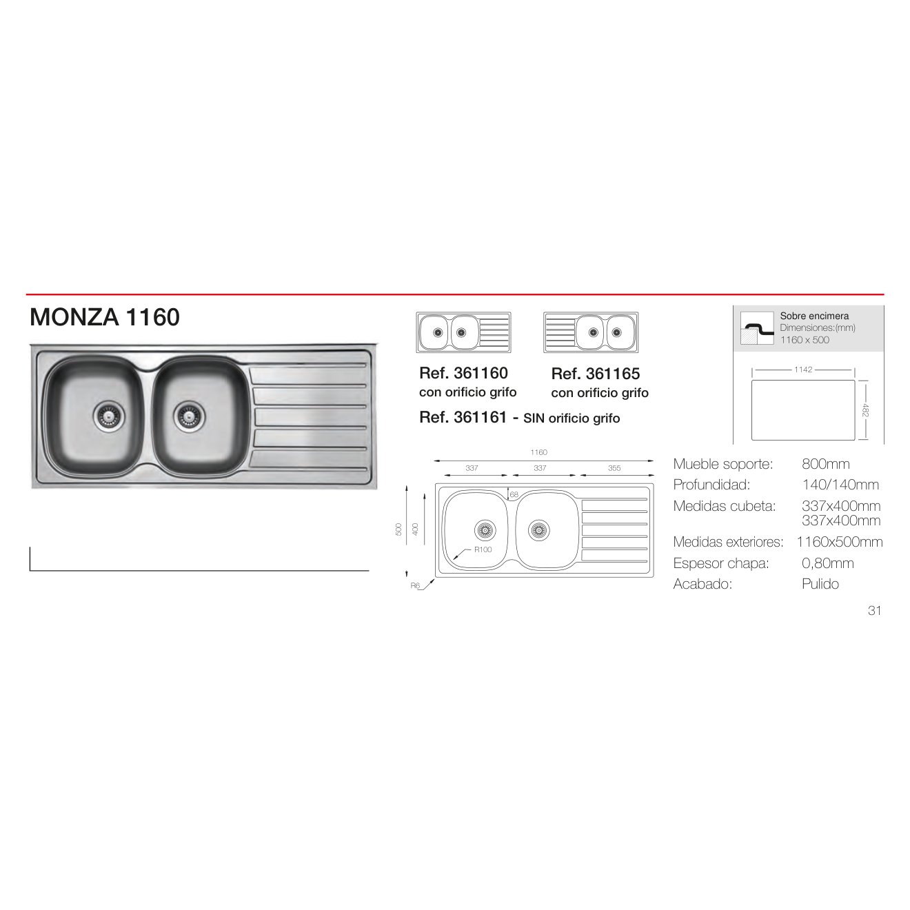 Fregadero de Acero Inoxidable Monza 1160 izquierda SOBRE ENCIMERA Reginox 1160x500x140mm 2C+1E 5 Plano con las medidas exteriores y de encastre del fregadero Monza 1160
