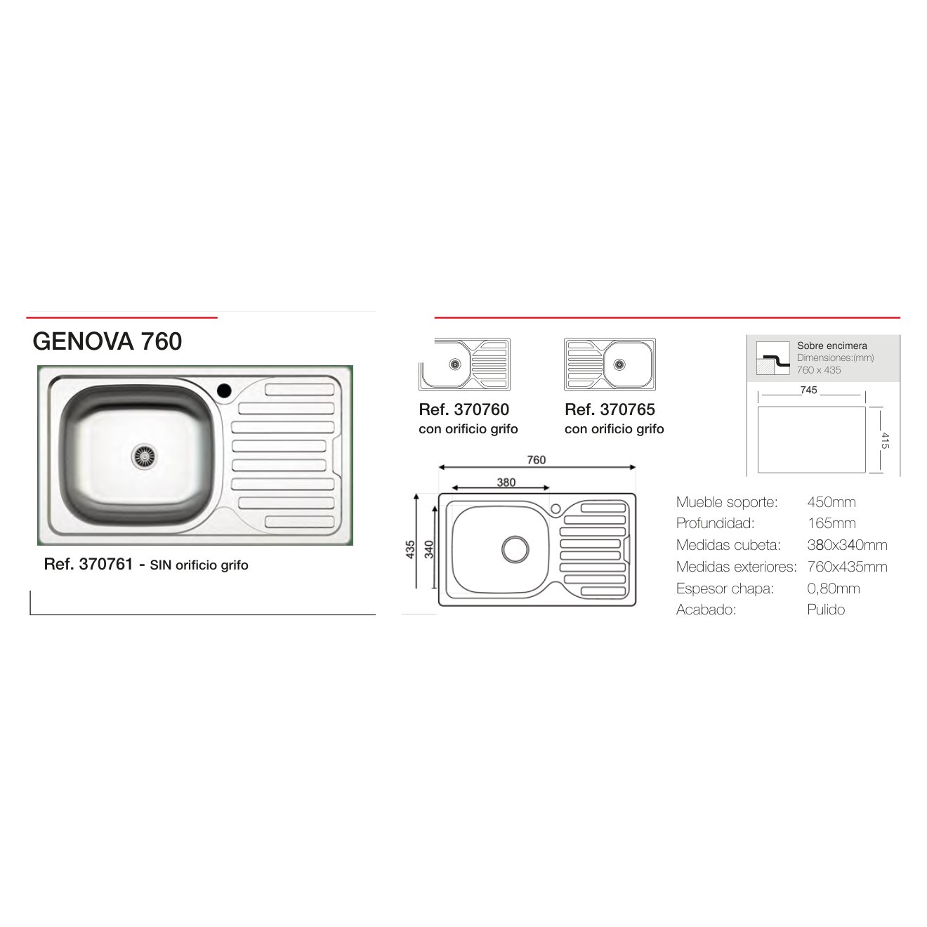 Fregadero de Acero Inoxidable Genova 760 derecha SOBRE ENCIMERA Reginox 760x435x165mm 1C+1E 5 Plano con las medidas exteriores y de encastre del fregadero Genova 760