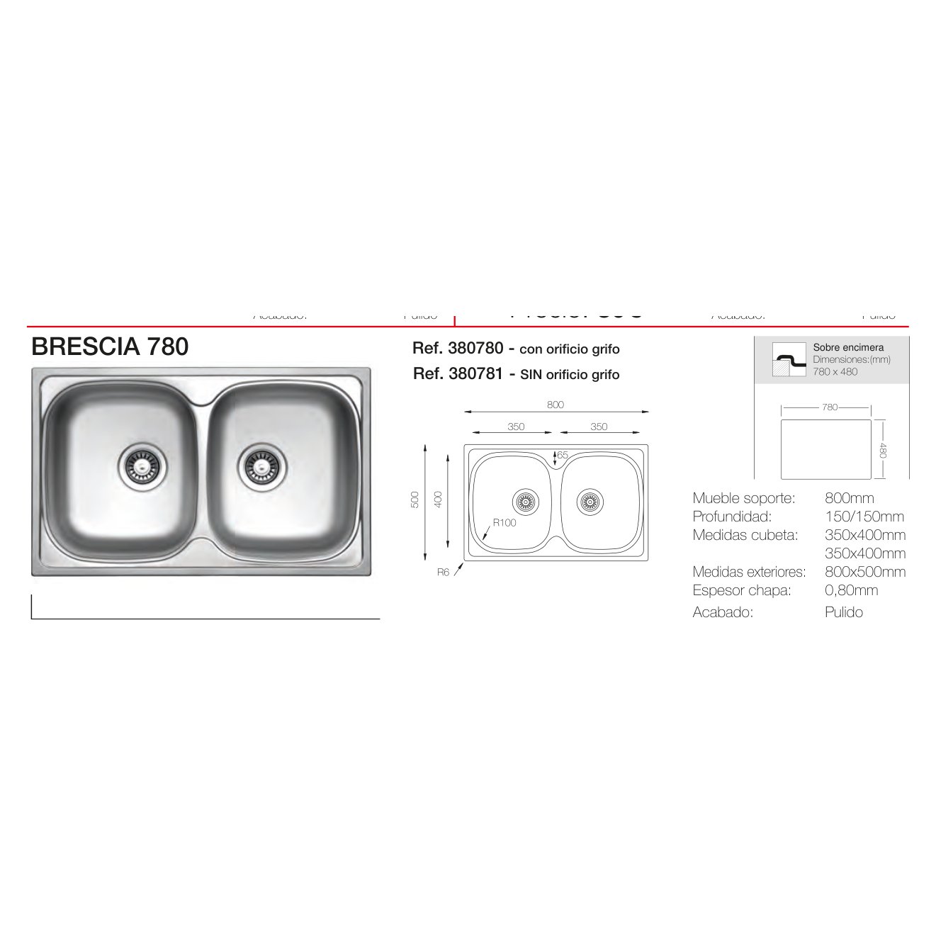 Fregadero de Acero Inoxidable Brescia 780 SOBRE ENCIMERA Reginox 780x480x140mm 2C 4 Plano con las medidas exteriores y de encastre del fregadero Brescia 780