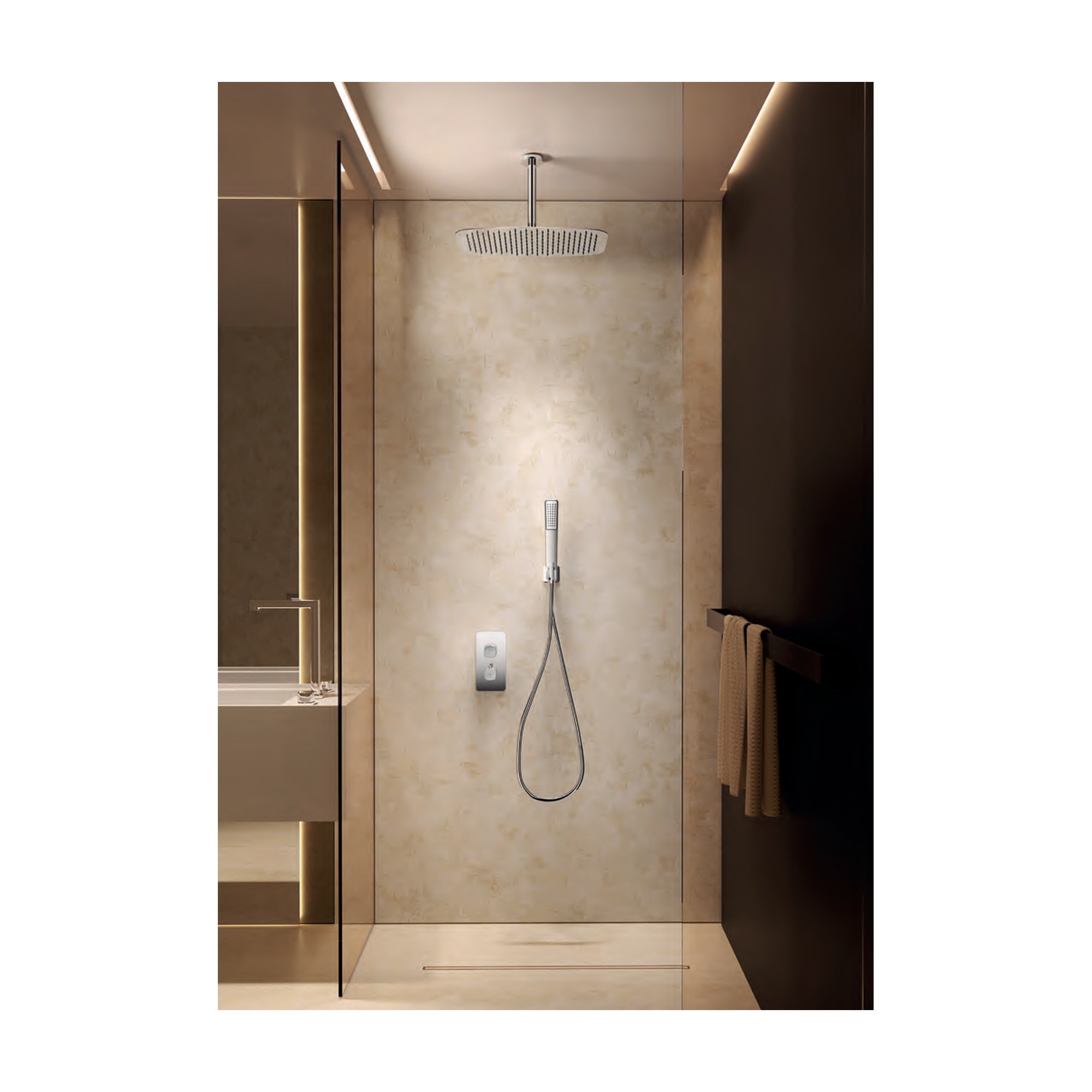 Conjunto de ducha termostático empotrado Arezzo con rociador y mango 1 Conjunto de ducha termostático empotrado Arezzo con rociador y mango instalado en un baño