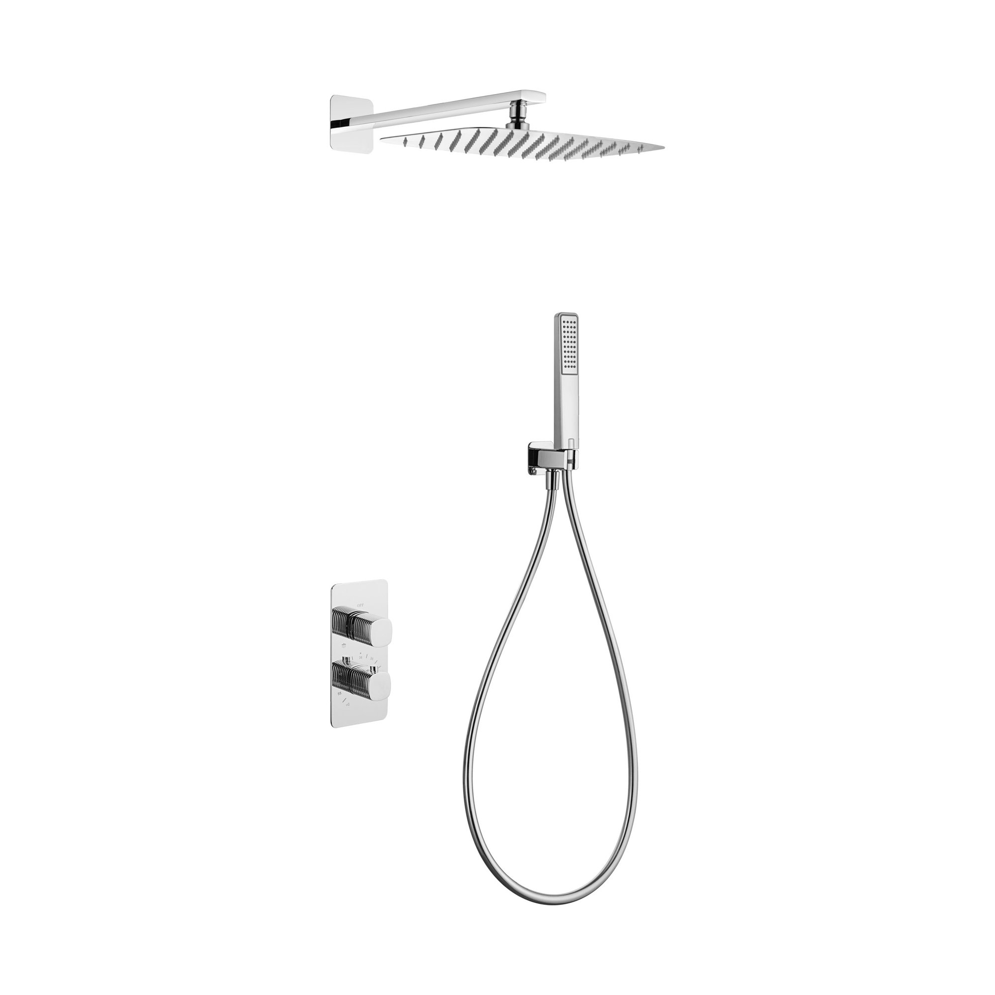 Conjunto de ducha termostático empotrado Firenze con rociador y mango 1 Conjunto de ducha termostático empotrado Firenze con rociador y mango en acabado cromo