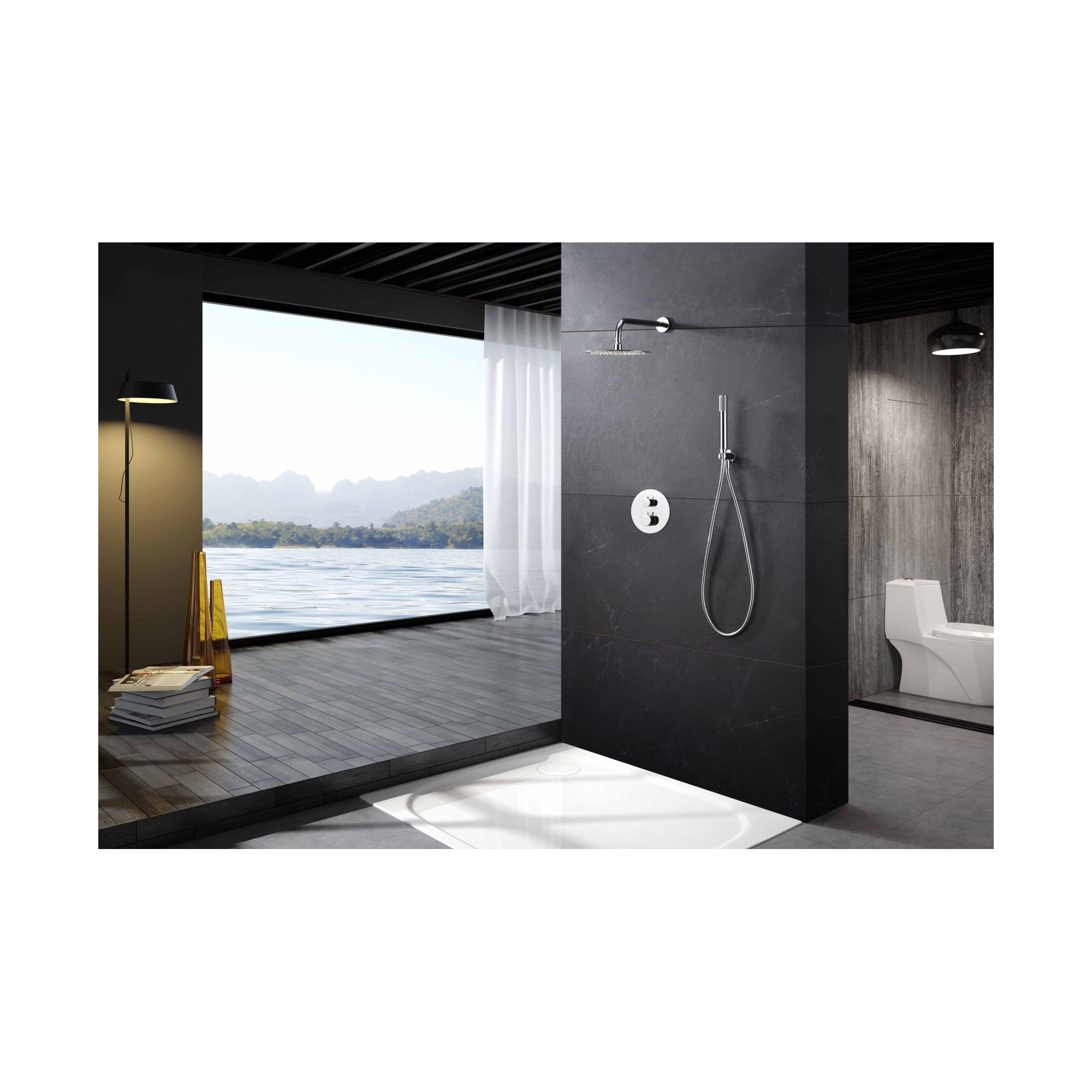 Conjunto de ducha termostático empotrado Monza con rociador y mango 2 Conjunto de ducha termostático empotrado Monza con rociador y mango en acabado cromo