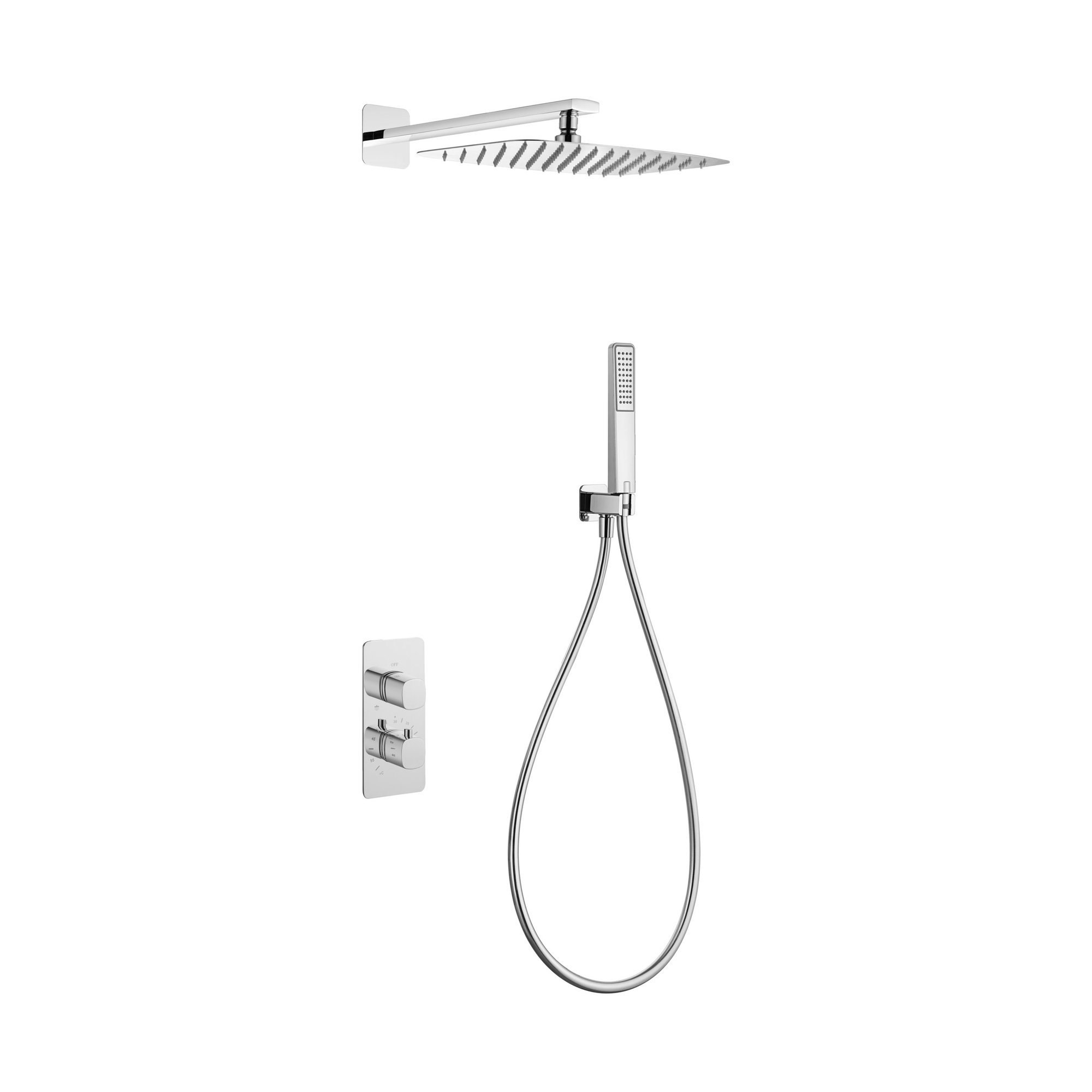 Conjunto de ducha termostático empotrado Toscana con rociador y mango 1 Conjunto de ducha termostático empotrado Toscana con rociador y mango en acabado cromo