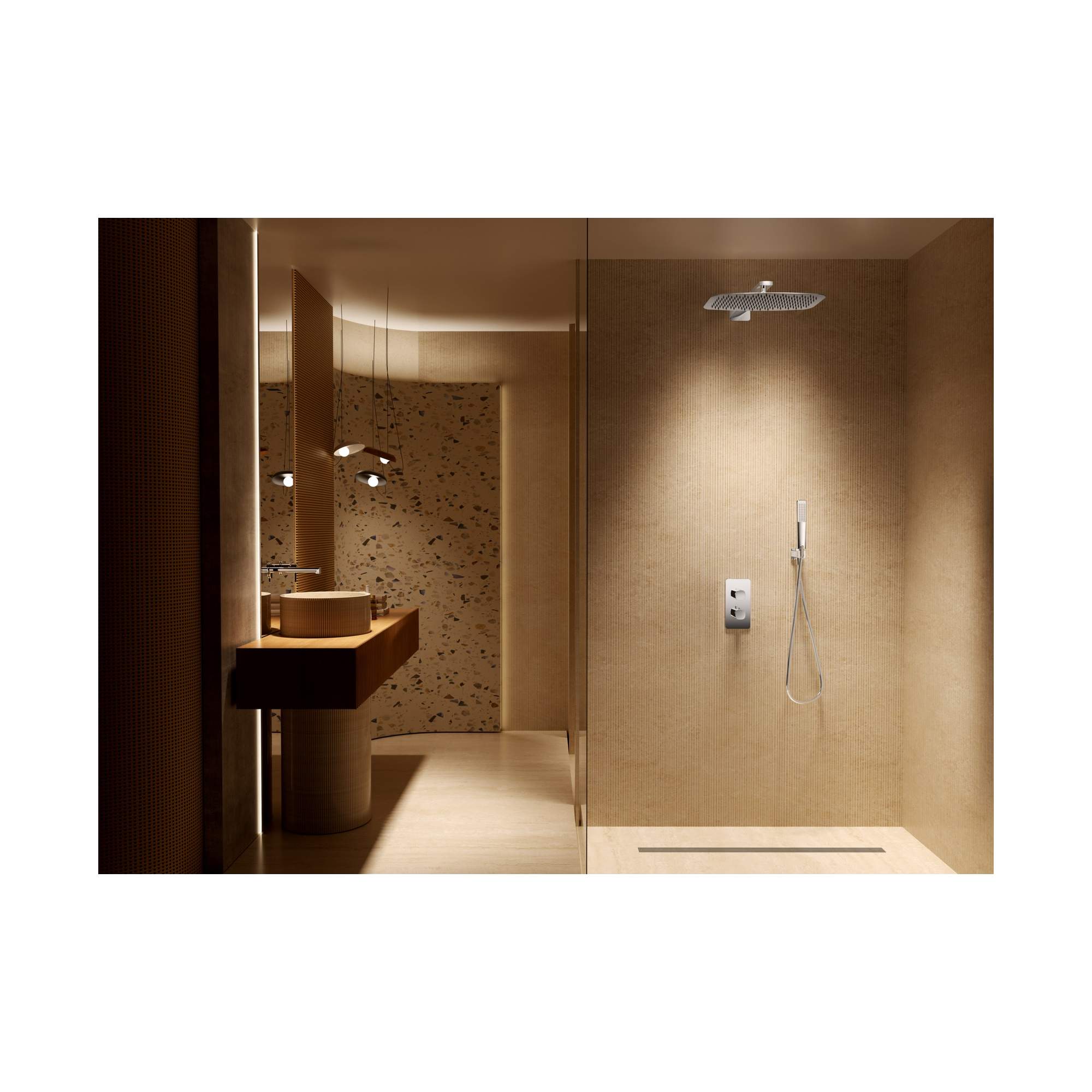 Conjunto de ducha termostático empotrado Toscana con rociador y mango 5 Conjunto de ducha termostático empotrado Toscana con rociador y mango en acabado cromo
