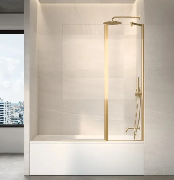 Mampara de bañera Prisma Sport con fijo en oro sobre la bañera